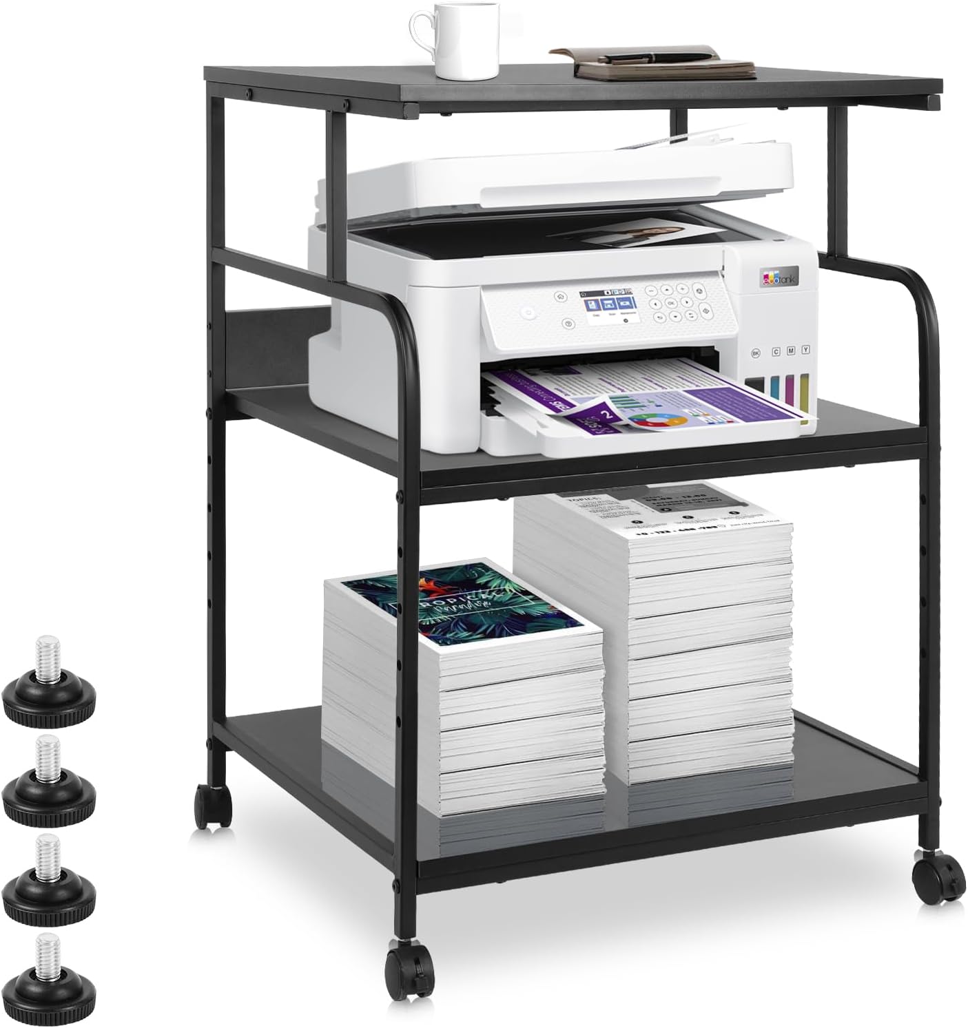 FAHKNS 3 Tier Printer Stands - Rolling Printer Stand Cart， Mobile Office Printer Stand with Anti-Slip Base & Locking Casters，Suitable for Large Multifunction Printers/Scanner/Copier/Supplies