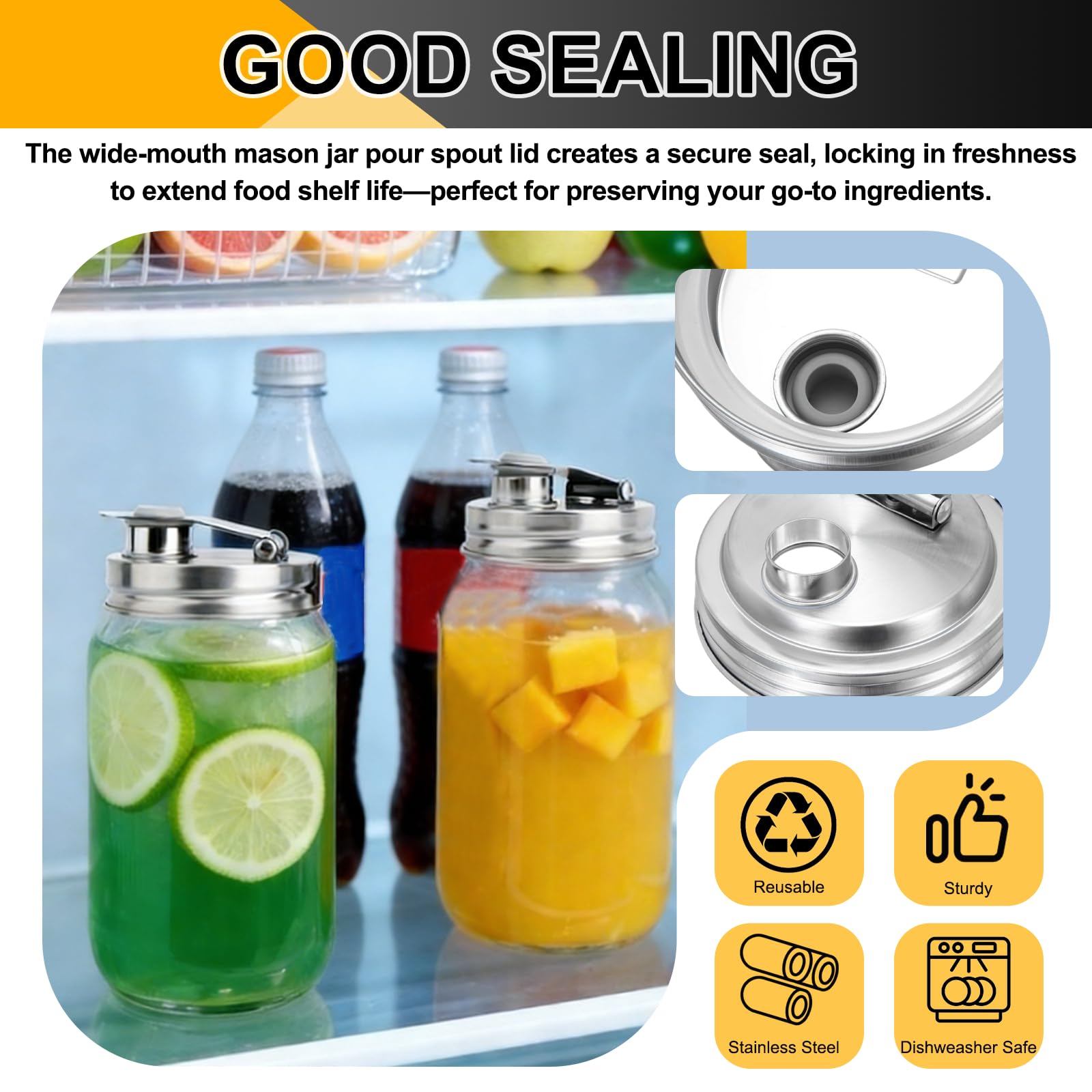 uxcell Tapa de vertido para tarro Mason, 2 tapas de jarra de acero inoxidable a prueba de fugas, tapa abatible de boca regular para beber cocina, almacenamiento de bebidas, color plateado