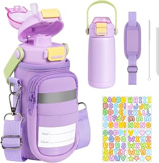 REDSHELL Kid Water Bottle with Carrier Bag, Leakproof Steel Tumbler, Purple | 14oz Vacuum Insulated Toddler Cup, 3-8 Year Old Girls, Straw Lid & Handle, Sleeve Holder, Adjustable Strap, Back to School