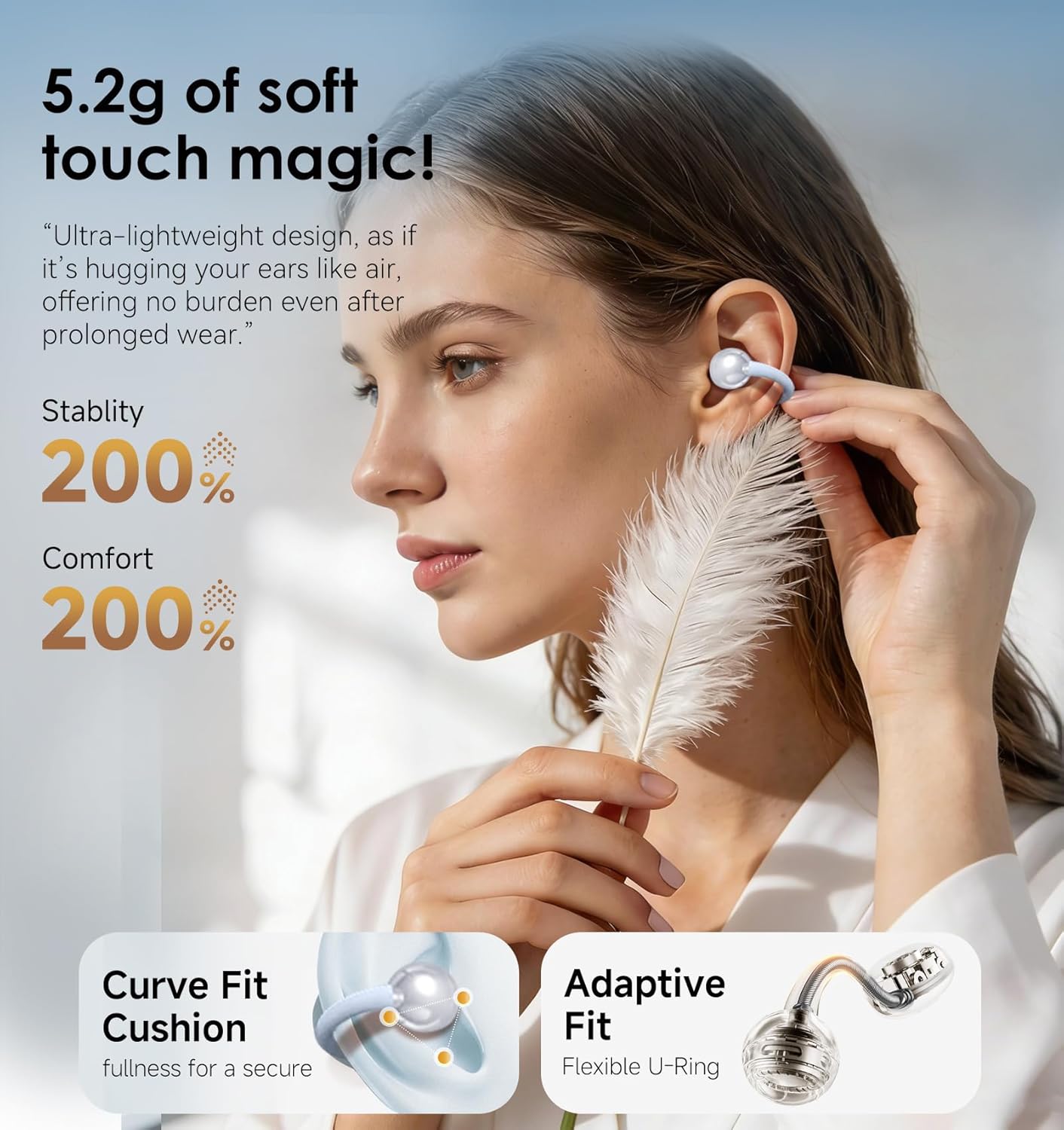 King Lucky Clip-On Earbuds Gen 3, Open-Ear Wireless Bluetooth 6.0 Headphones with Mic, Secure Fit for Small Ears & Glasses Wearers, 50H Playtime, ENC, IPX5 Waterproof Sport Ear Buds (White) - Image 5