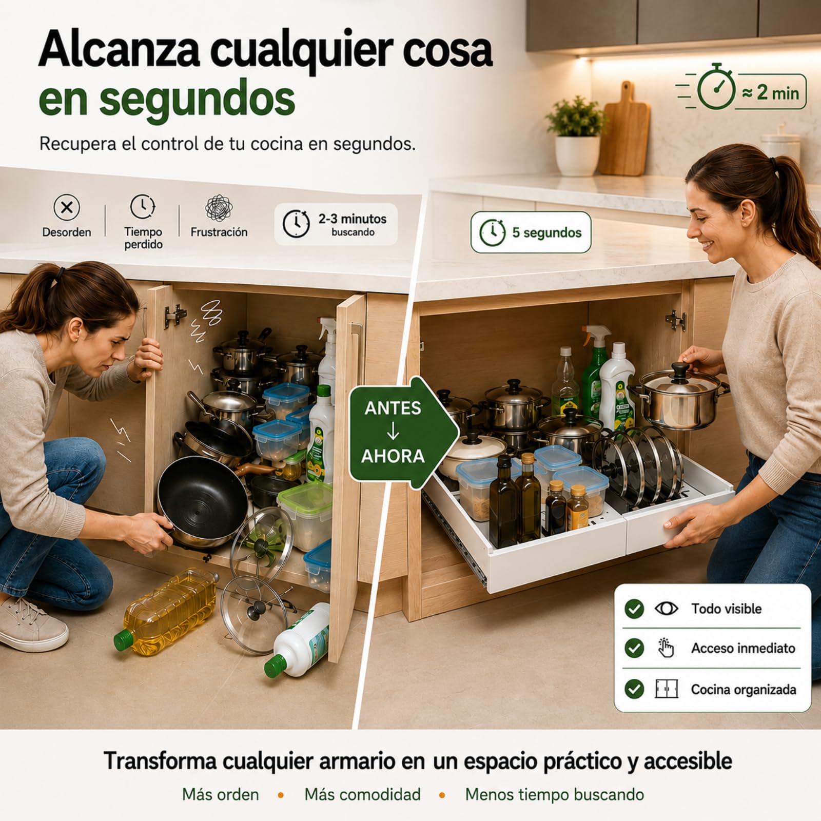 Cajones Extraibles para Cocina - Bandeja Extraíble Armario Cocina - Organizador Armario de Ancho Ajustable (32-52 cm) Para Almacenaje y Organizador en Hogar - Sin Taladrar (Blanco 52)