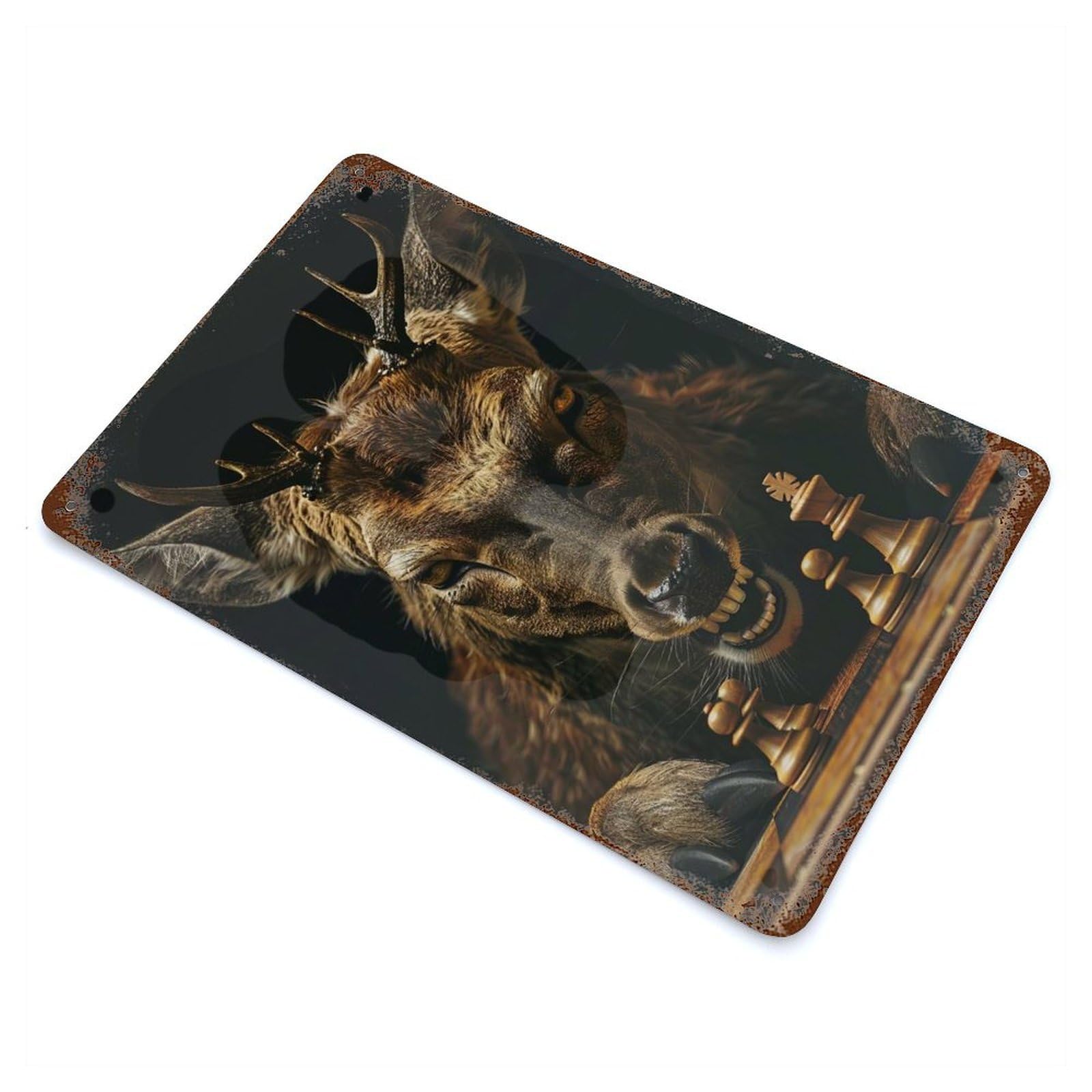 Garage Style Deer Chess Rusty Metal Tin Sign 11.8"x7.9", Industrial Home Decor for Bar And Workshop