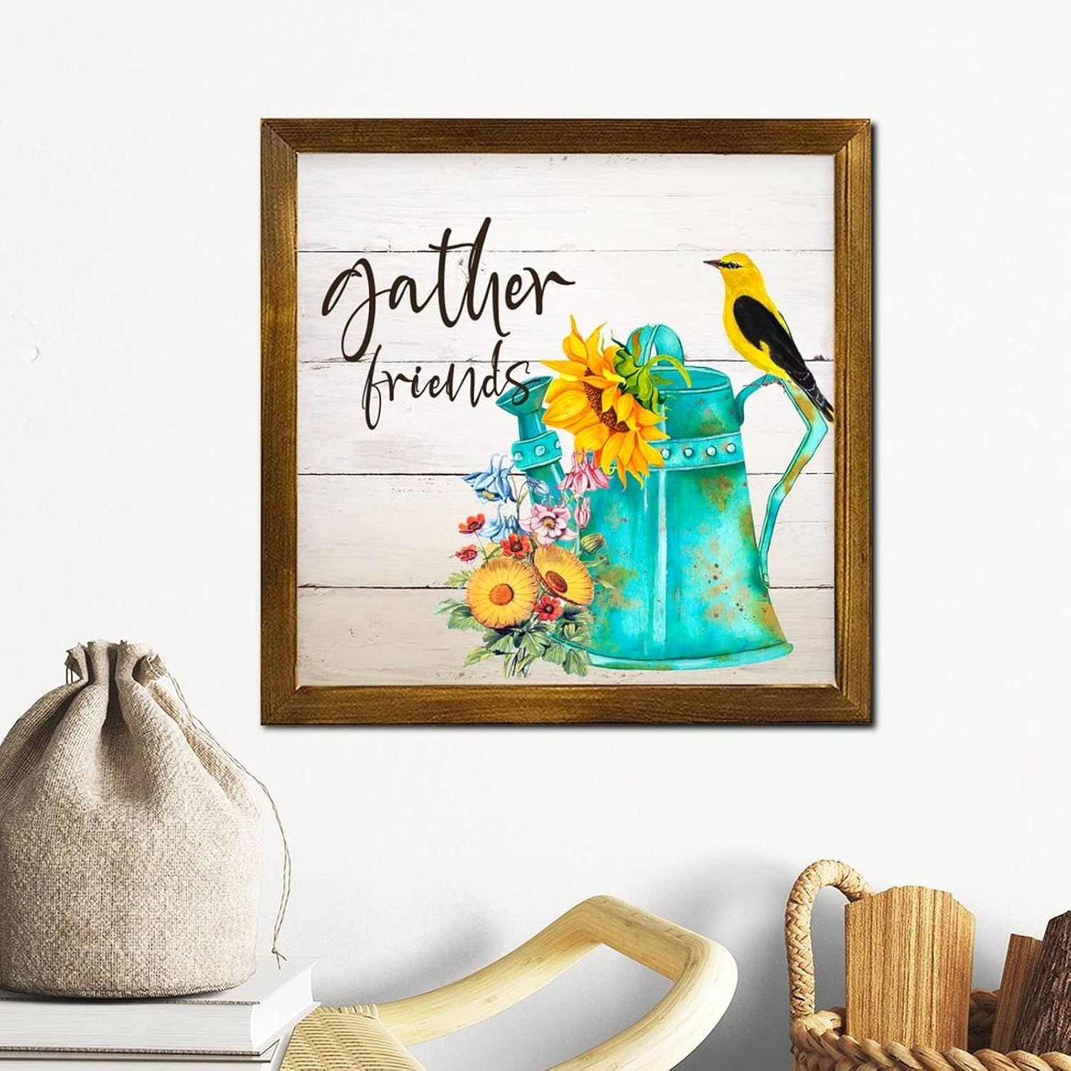 Gather Friends Wooden Framed Sign Spring Sunflower Flower in Kettle Positive Wall Plaque Retro Botanical Artwork Wood Home Wall Decoration for Home Room Office Garden Kitchen 12x12 inch