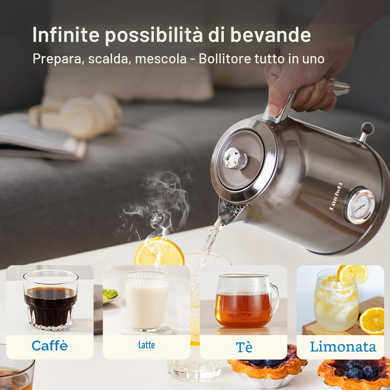 DmofwHi Bollitore Elettrico Inox 1,7L - Teiera Retrò con Termometro e Indicatore di Temperatura - Spegnimento Auto & Protezione Ebollizione Secca - Per Caffè, Tè e Famiglia (Cromo)