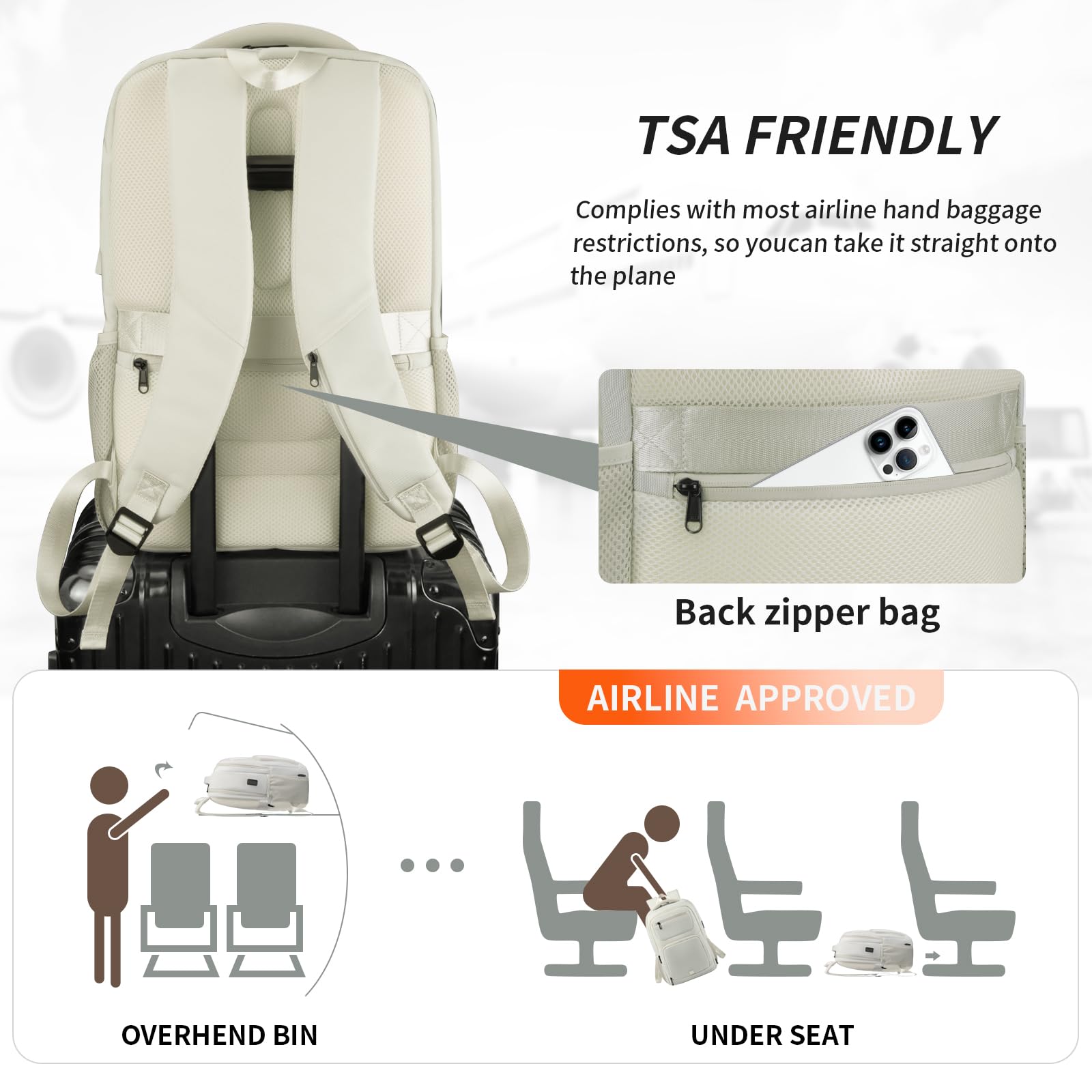 BJIAX 35 Litri Impermeabile 15.6 Pollici Zaino Uomo per PC Portatile con Caricatore USB Zaino da lavoro per Laptop, Computer, Notebook, Viaggio Regalo Uomo - Beige