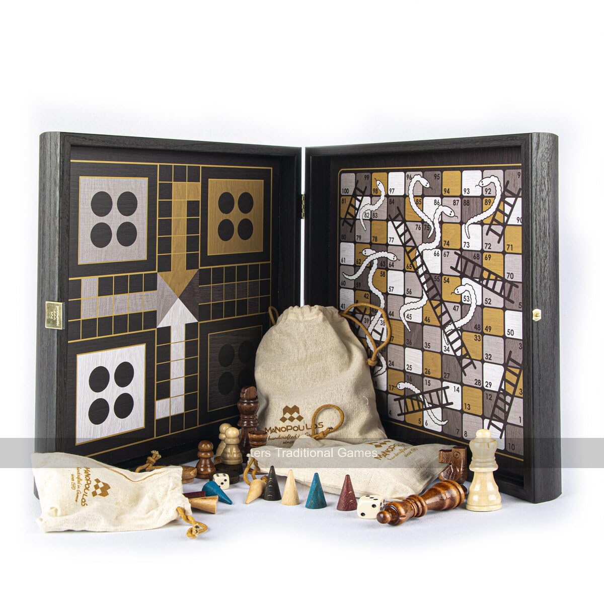 Chess, Backgammon, Ludo, Snakes and Ladders Wooden Games Compendium (Black)