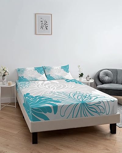 Miniatura 6 de Blossoms - Sábana bajera ajustable con diseño de flores de crisantemo, sábanas inferiores elásticas con bolsillo profundo para colchones de hasta 16