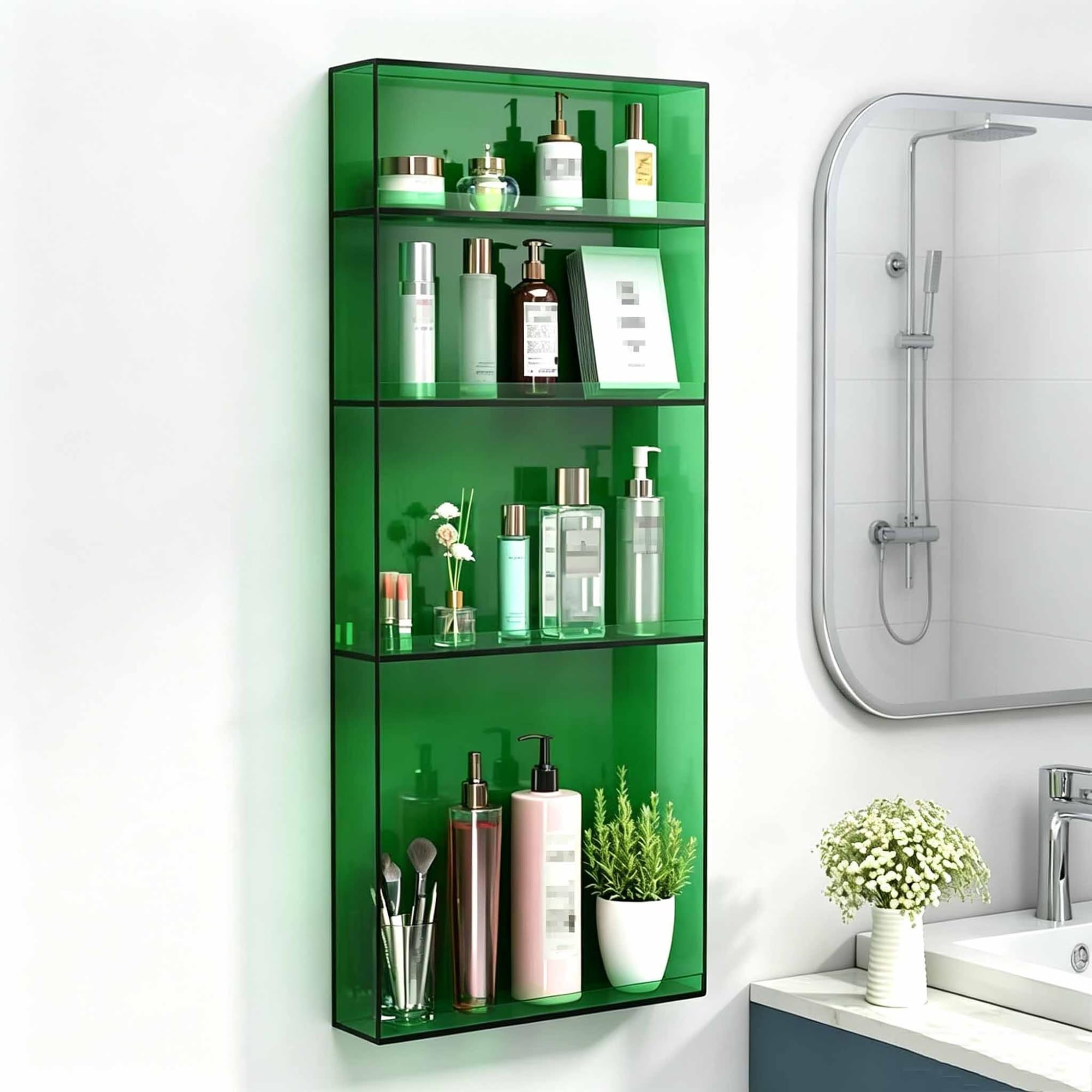 Dalumian Floating Shelves for Wall Decor, Acrylic Magazine Holder, Space-Saving Floating Shelves Wall Organizer for Perfume, Make up, Skincare(Green,4-TIER)