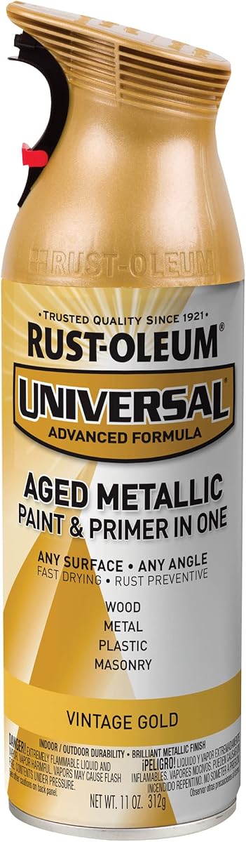 Rust-Oleum Universal All Surface Aged Metallic Spray Paint, Vintage Gold | Interior/Exterior, Fast Dry, Rust Preventive, Strong Adhesion, Patented Comfort Trigger Sprays from Any Angle, 11 oz