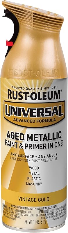 Rust-Oleum Universal All Surface Aged Metallic Spray Paint, Vintage Gold | Interior/Exterior, Fast Dry, Rust Preventive, Strong Adhesion, Patented Comfort Trigger Sprays from Any Angle, 11 oz
