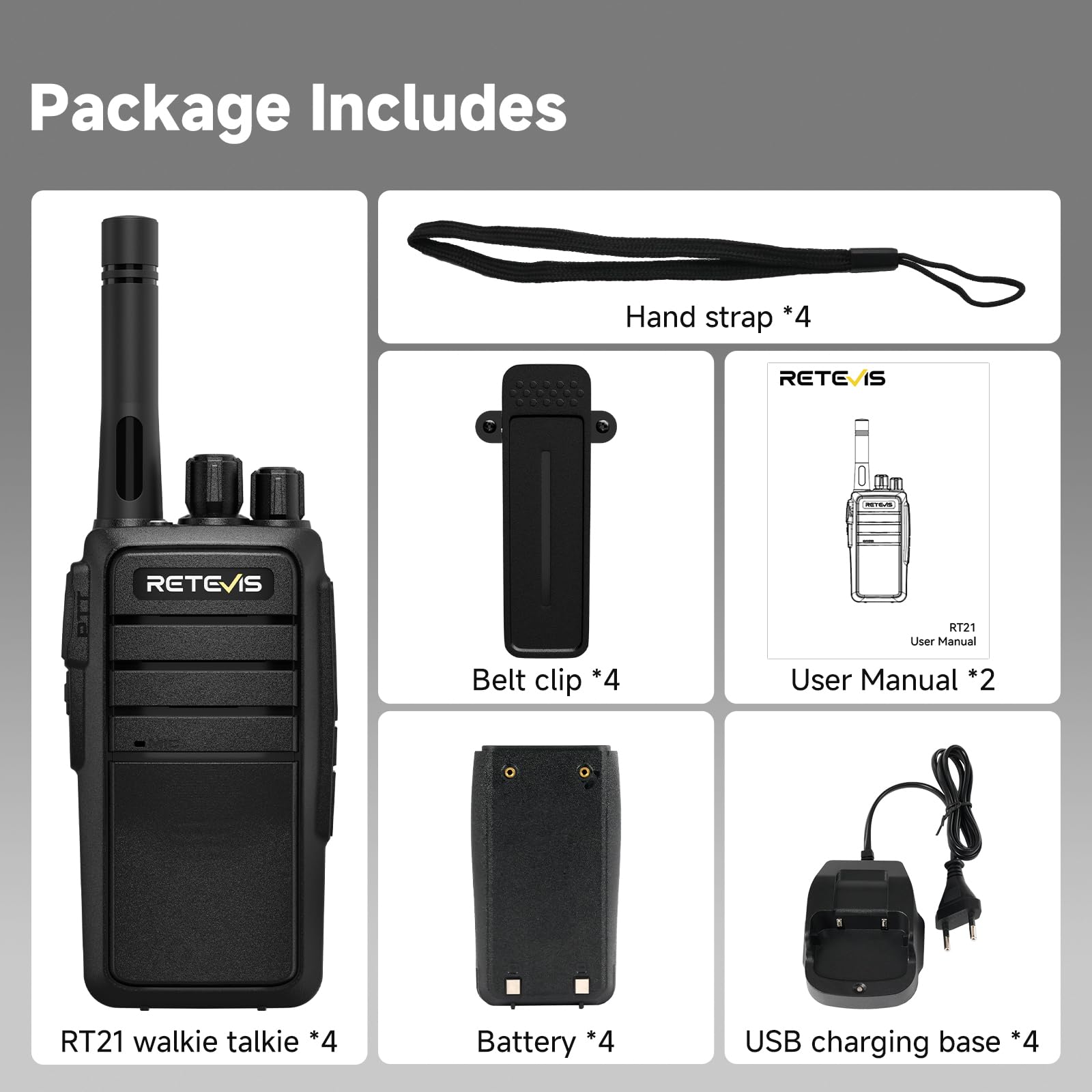 Retevis RT21 Handheld Walkie Talkies 16-Kanałowy Akumulator Dalekiego Zasięgu 2-Drożny z CTCSS/DCS VOX do Airsoft Hiking Festival Planowanie Komunikacja nagły wypadek ratować (4 SztCzarny)