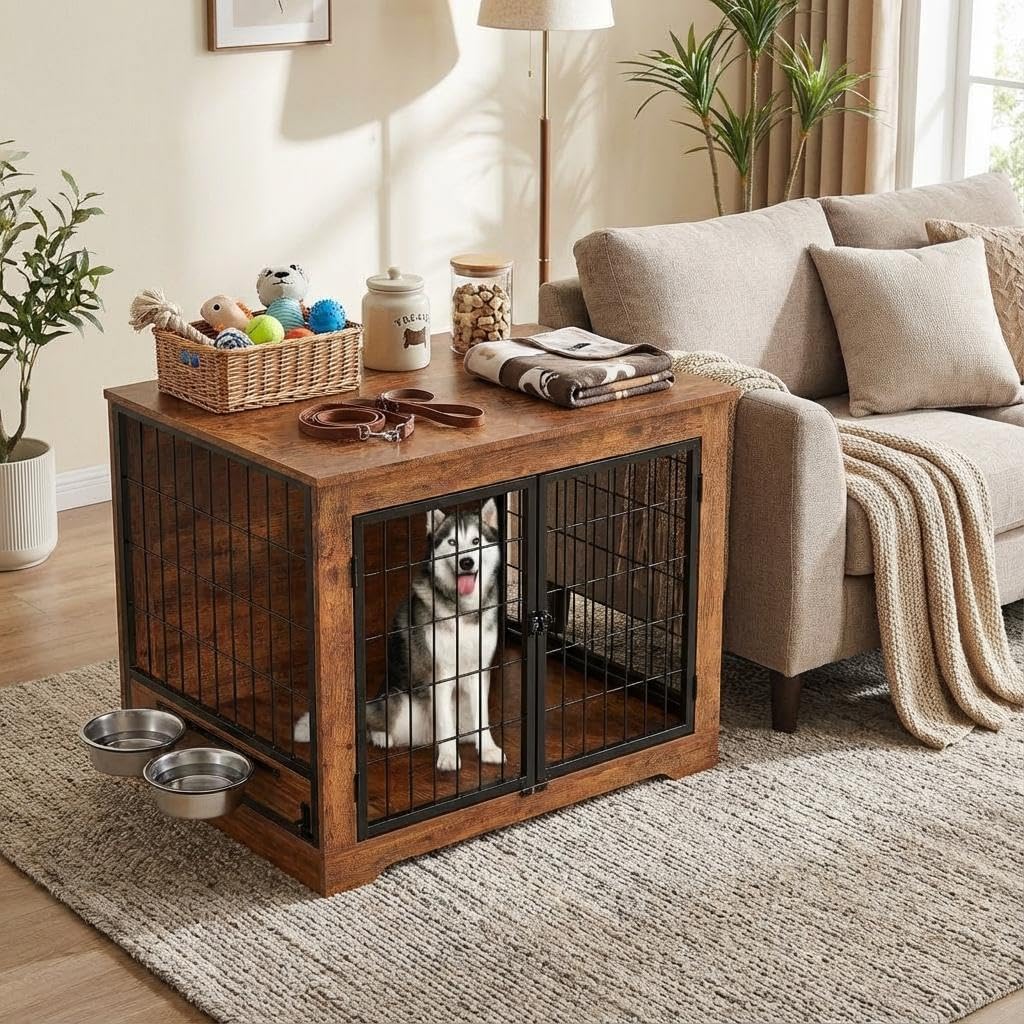 Dog Crate Furniture, 38" Double Doors Indoor Decor Pet House Cage, Wooden Dog Kennel with 360°& Adjustable Raised Dog Bowls,Indoor Pet End Tables with Storage Platform for Large/Medium Dog