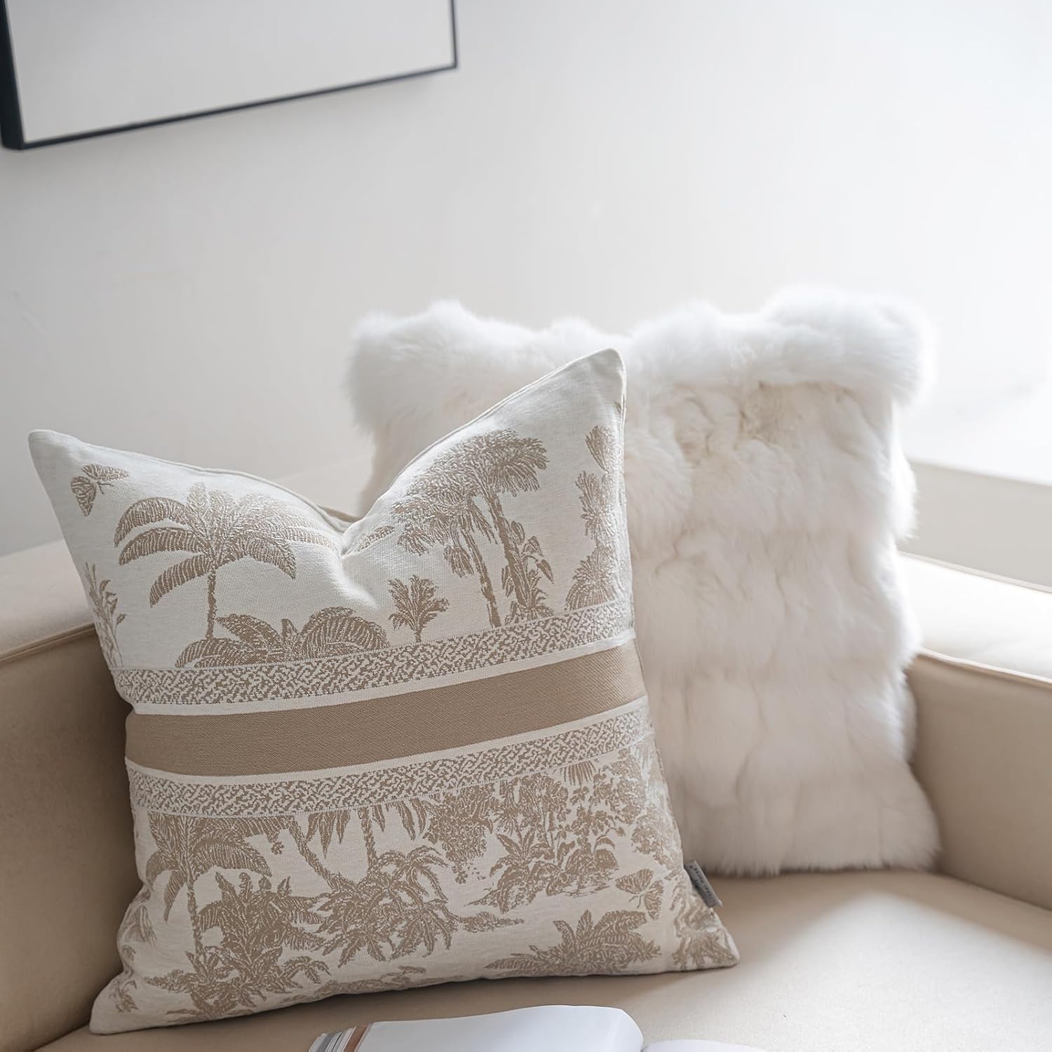Croker Horse Premium Throw Pillow Covers 20x20 Inches - Jungle with Oatmeal Palm Tree Chenille Jacquard Embroidery Decorative Couch Pillow Covers for Living Room Bedroom Sofa Home Décor