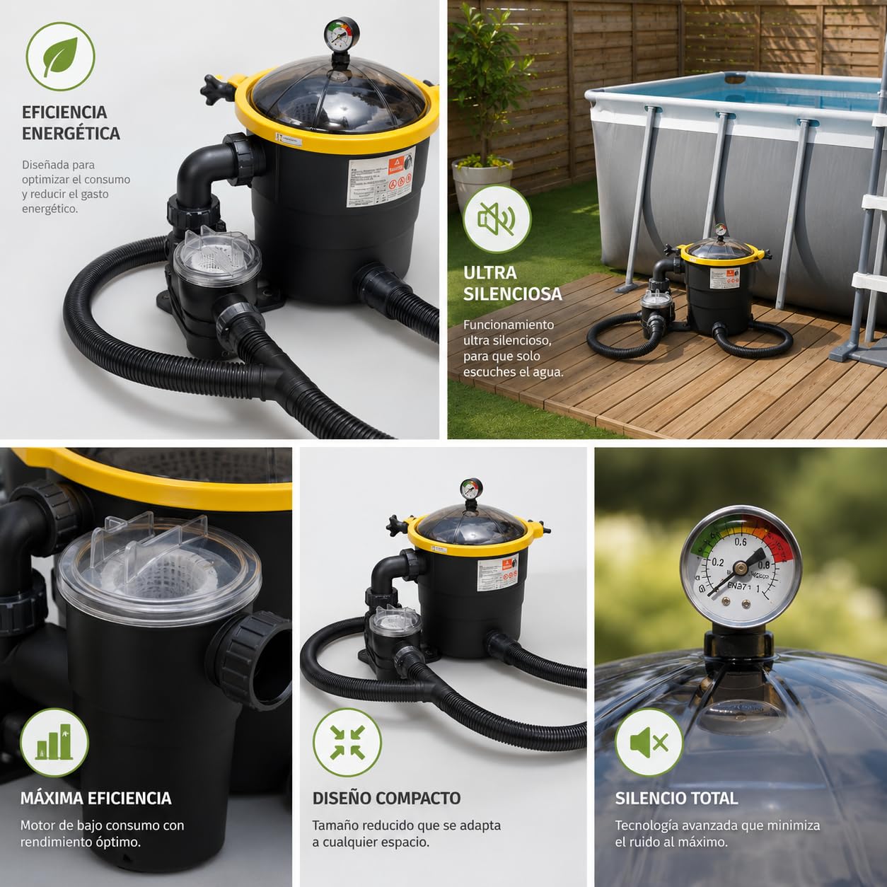 Depuradora de piscina TOPFILTER 4.800 l/h, ULTRASILENCIOSO bomba de solo 80W con prefiltro y conexión Intex ® / Bestway ® 32 y 38 mm