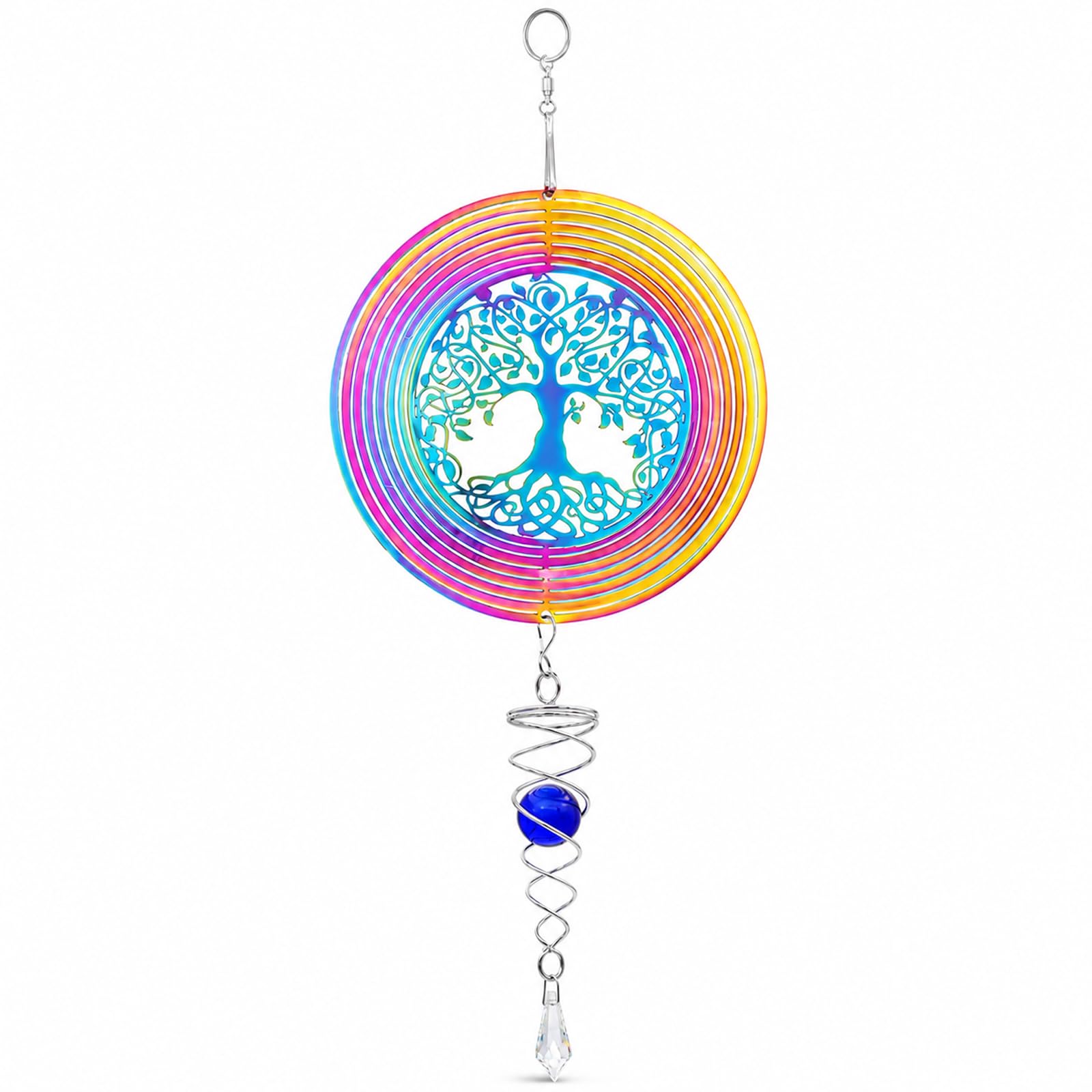 1Pcs 3D Hanging Rotating Wind Chimes, Rainbow Tree of Life Wind Sculptures, Outdoor Hanging Garden Ornaments, 360 Degrees Spin Metal Wind Spinner Decor for Indoor Outdoor Garden