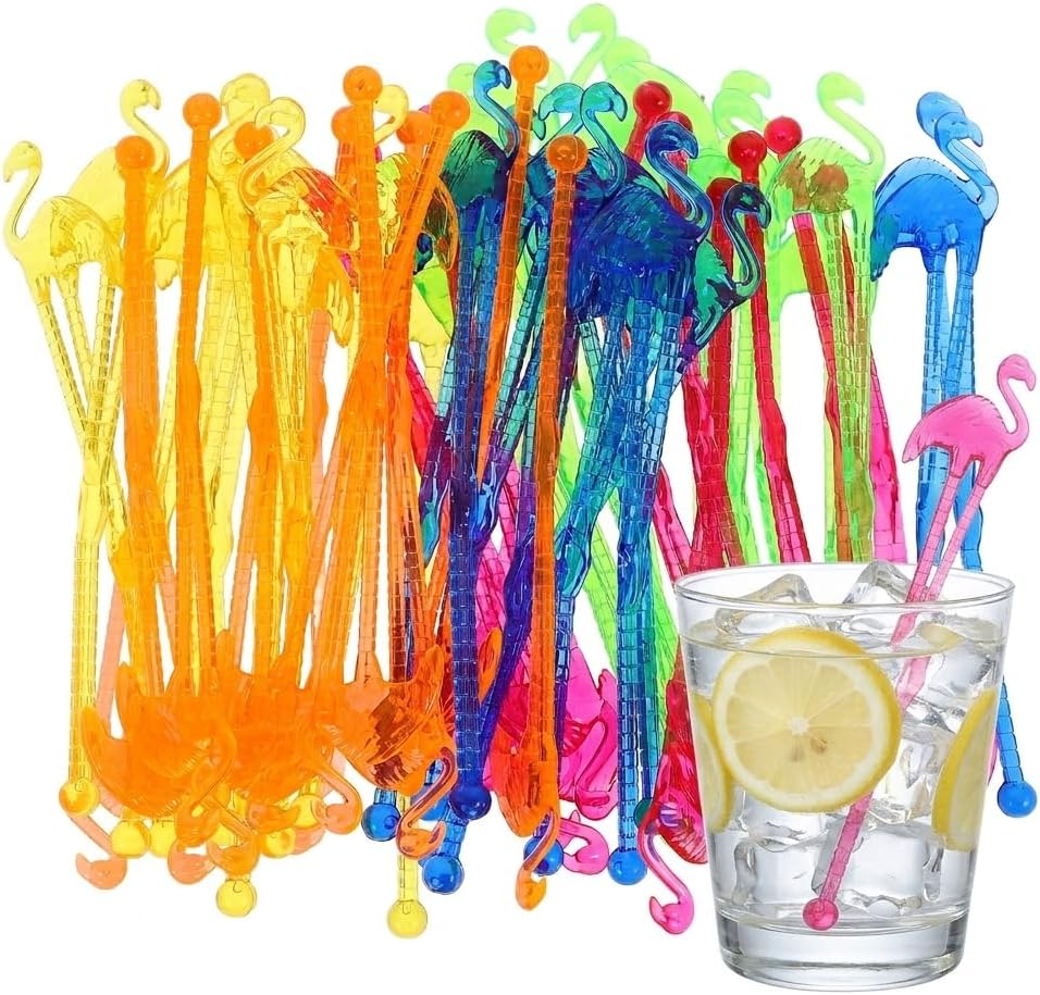 jojofuny 50Pcs Flamingo Swizzle Sticks Drink Beverage Tropical Bird Picks Frozen Tea Coffee Mixing Stirring Stick for Birthday Wedding Party Random Color