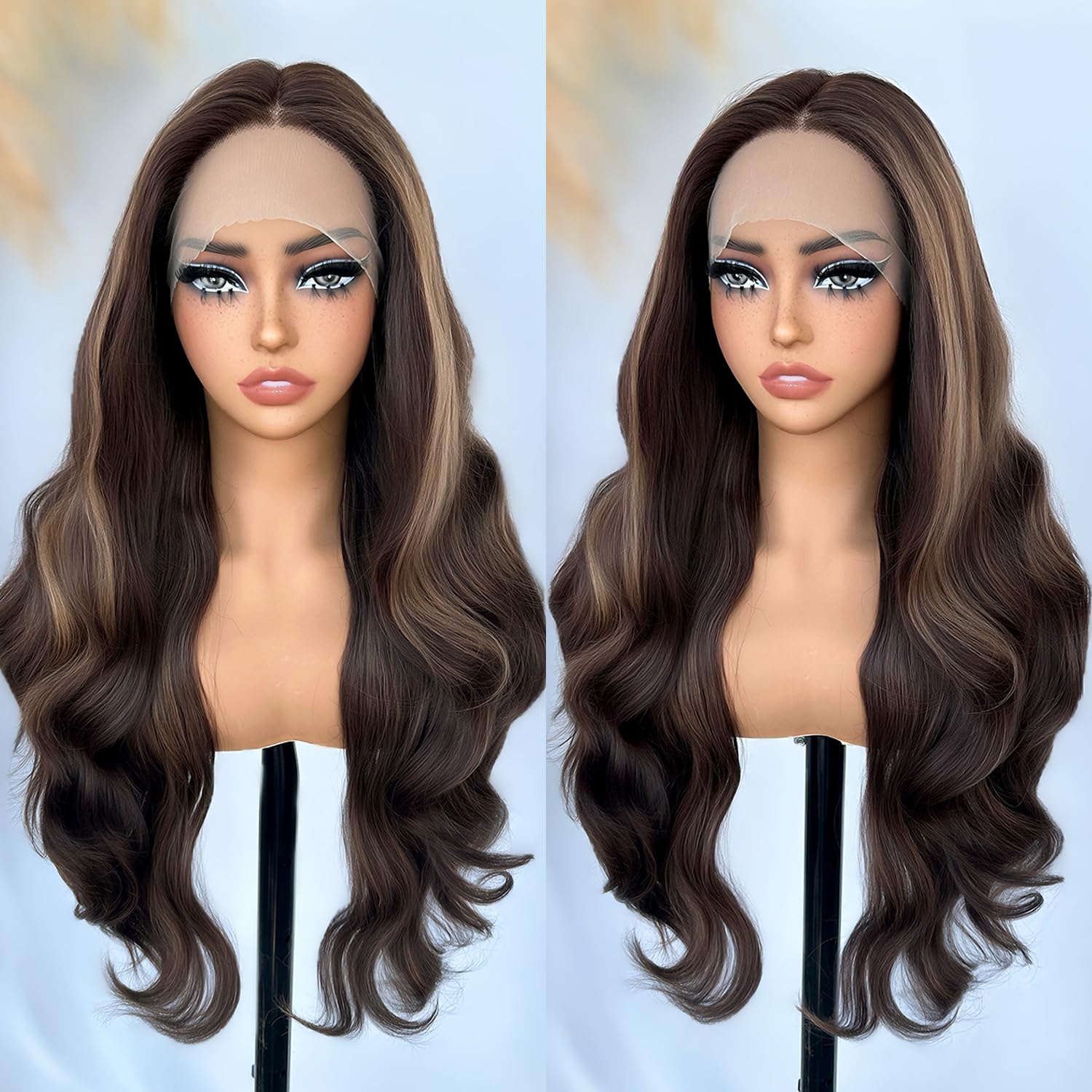 SOKU Highlights Brunette Lace Front Wig Synthetic 30 Inch Body Wave T Part Transparent Swiss Lace Wig Soft Yaki Blend Hair Heat Friendly