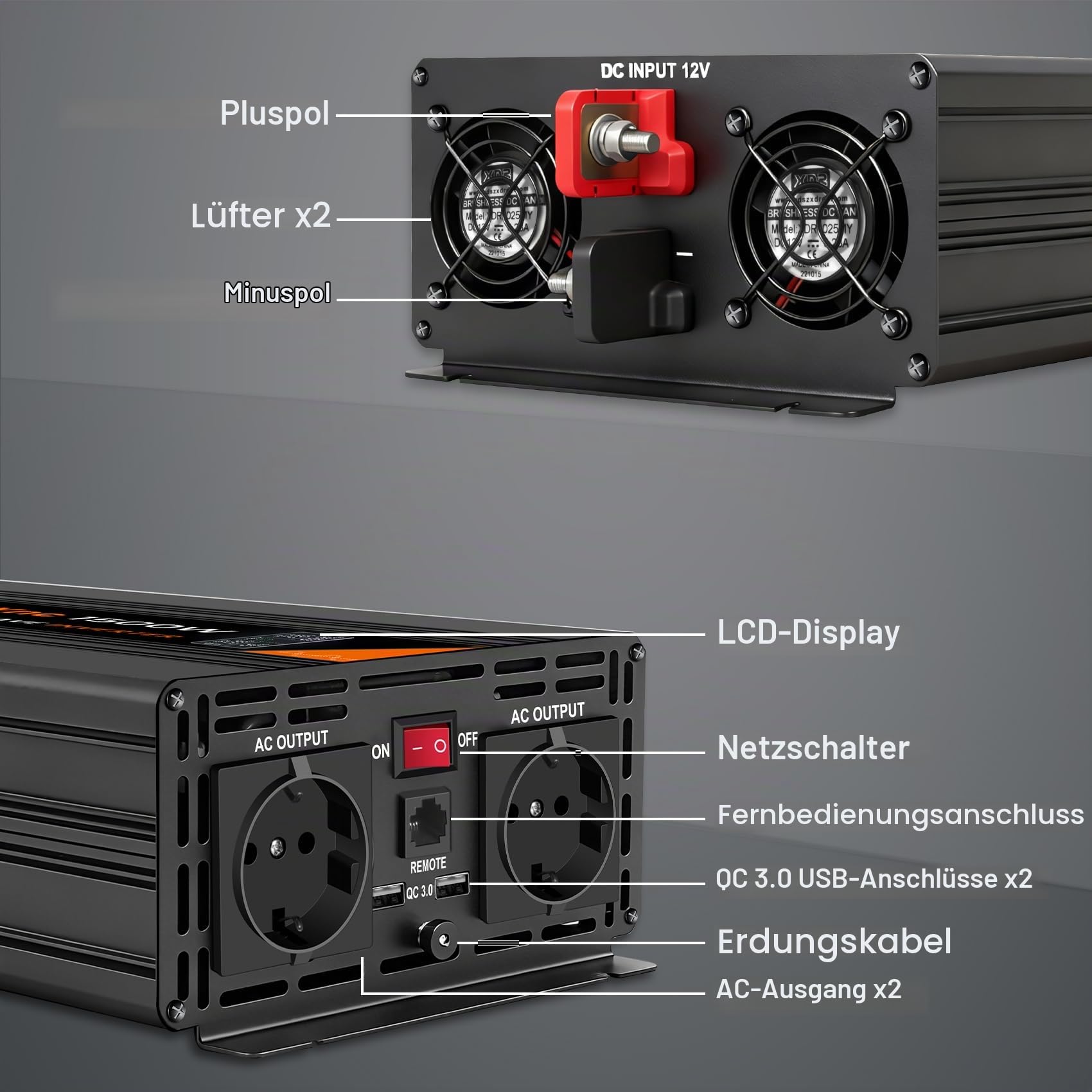 1500W Wechselrichter 12V auf 230V Reiner Sinus Spannungswandler