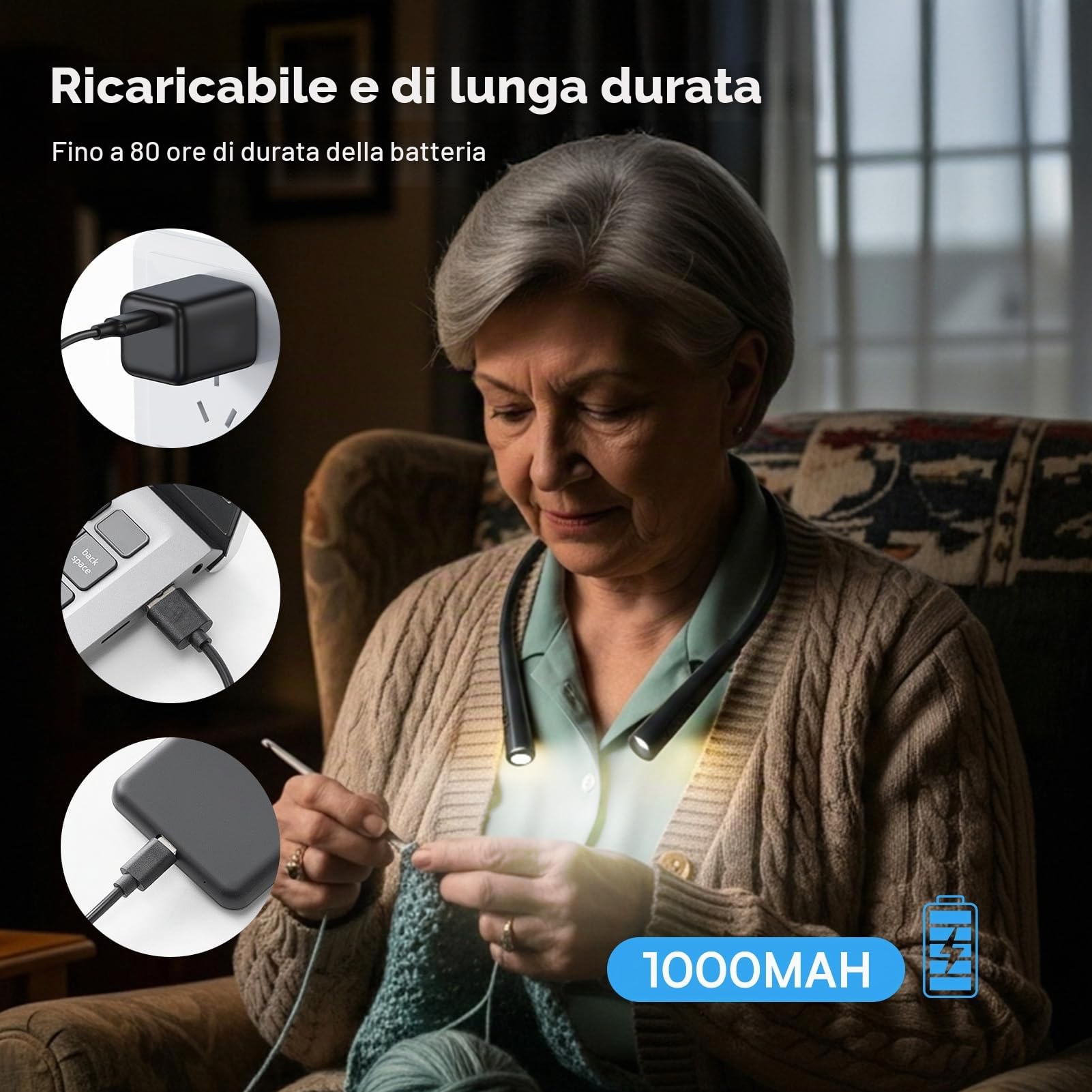 Caydo Luce per Maglia con Borsa di Storage, Lampada da Lettura con 4 Colori & 5 Livelli Luminosità, Luce per Uncinetto Ricaricabile, LED Luce Lettura Collo per Leggere, Sferruzzare, Riparare