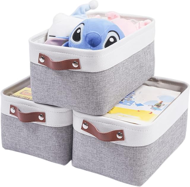 SOCOHOME Set of 3 Storage Baskets, Thickened Canvas Fabric Storage Box for Bedroom, Wardrobe, Shelf (Grey/white, Medium)