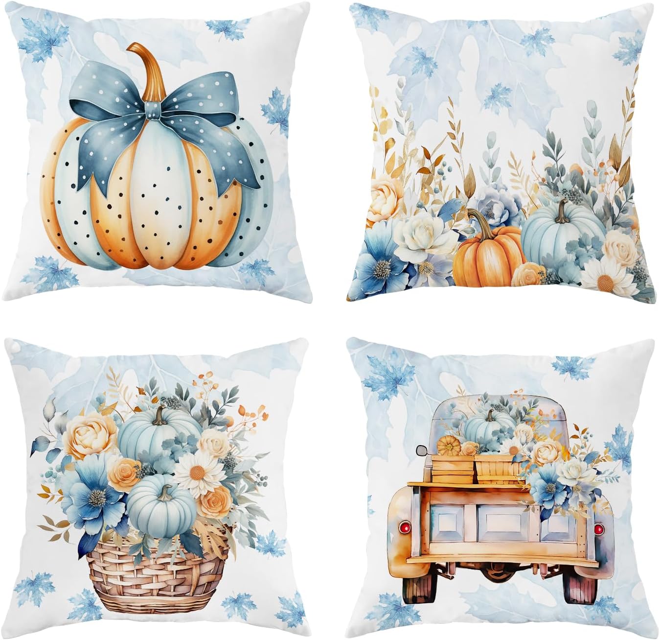 Fall Pillow Covers 20x20 Set of 4 Velvet Pillow Cover Pumpkin Floral Decorative Pillow Case Vintage Blue Indoor Outdoor Home Decor for Couch Bed Living Room