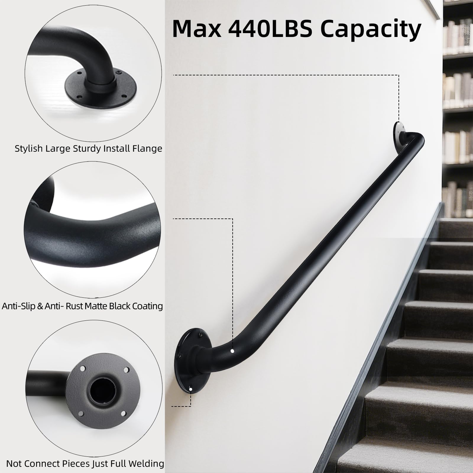 Snapklik.com : 2FT Black Wall Mount Hand Rails For Indoor Stairs, 24 ...