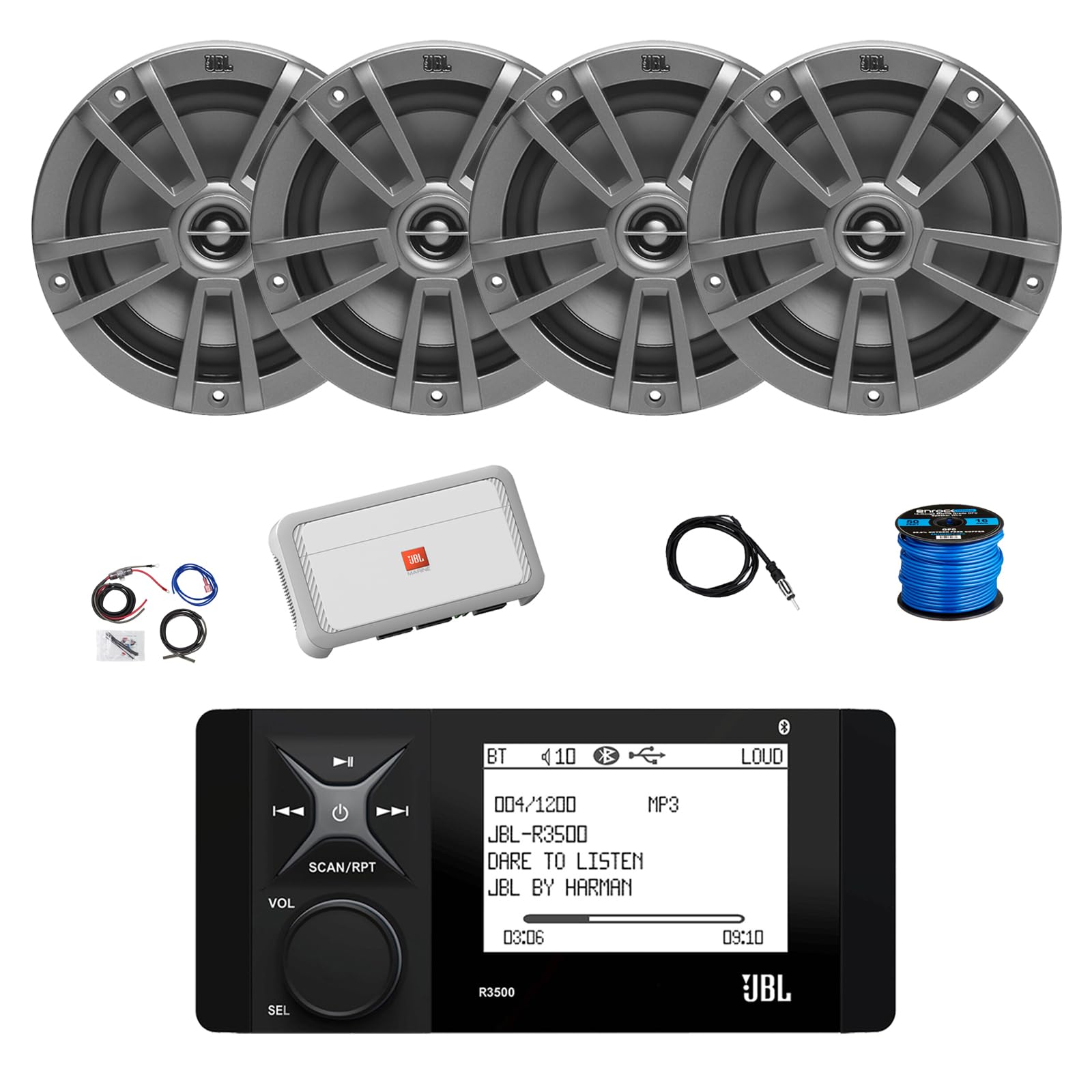 Marine Bluetooth AM/FM/WeatherBand Radio Receiver, 4X 6.5 180 Watt 2-Way Multi-Element Audio Speakers (Gray), Wire, Antenna, 4-Channel Amplifier w/Kit