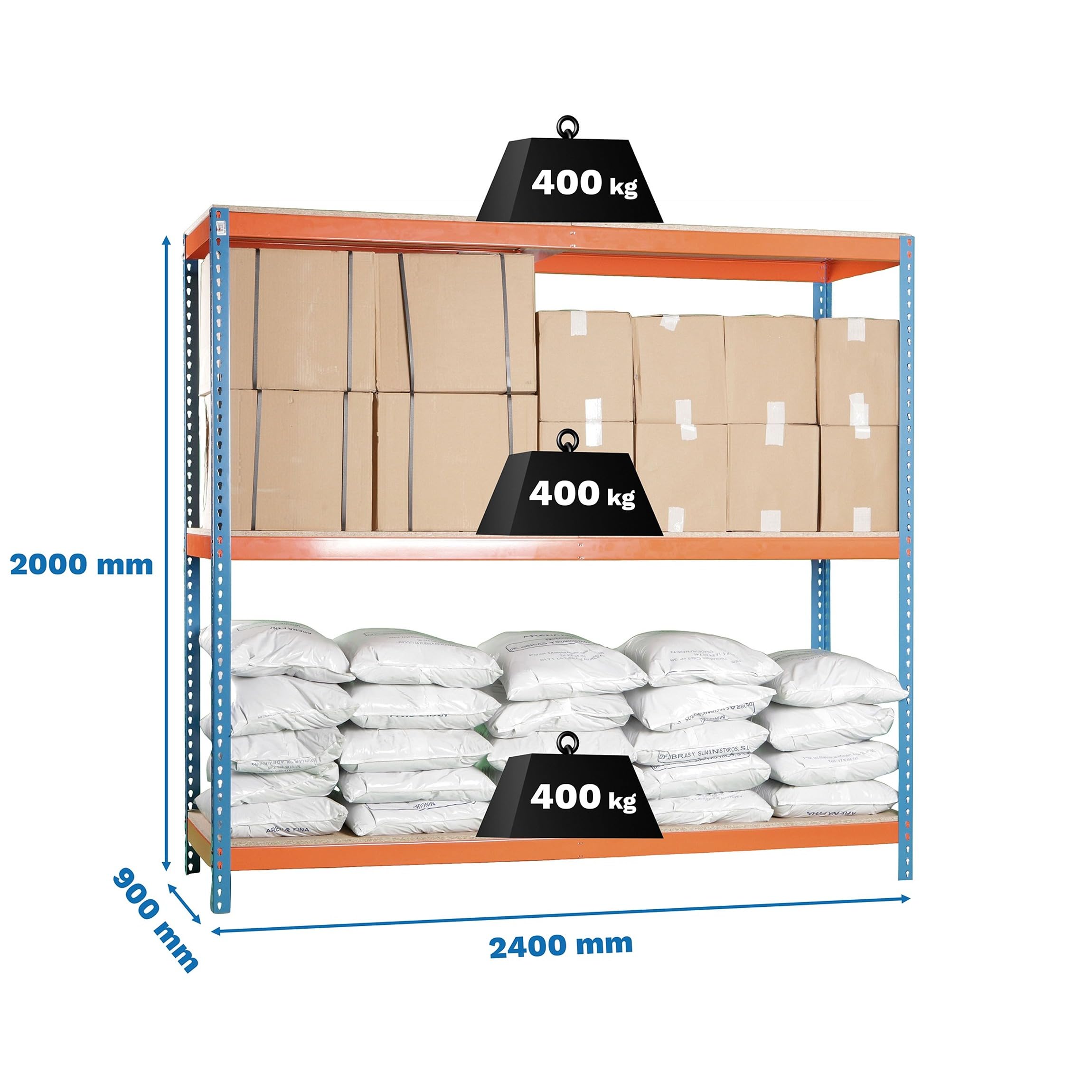 Simon Rack Étagères Charge Lourde 2000x2400x900 mm, 3 Niveaux en Bois, 400 kg par Niveau, Structure Acier, Bleu/Orange/Bois - Simonforte