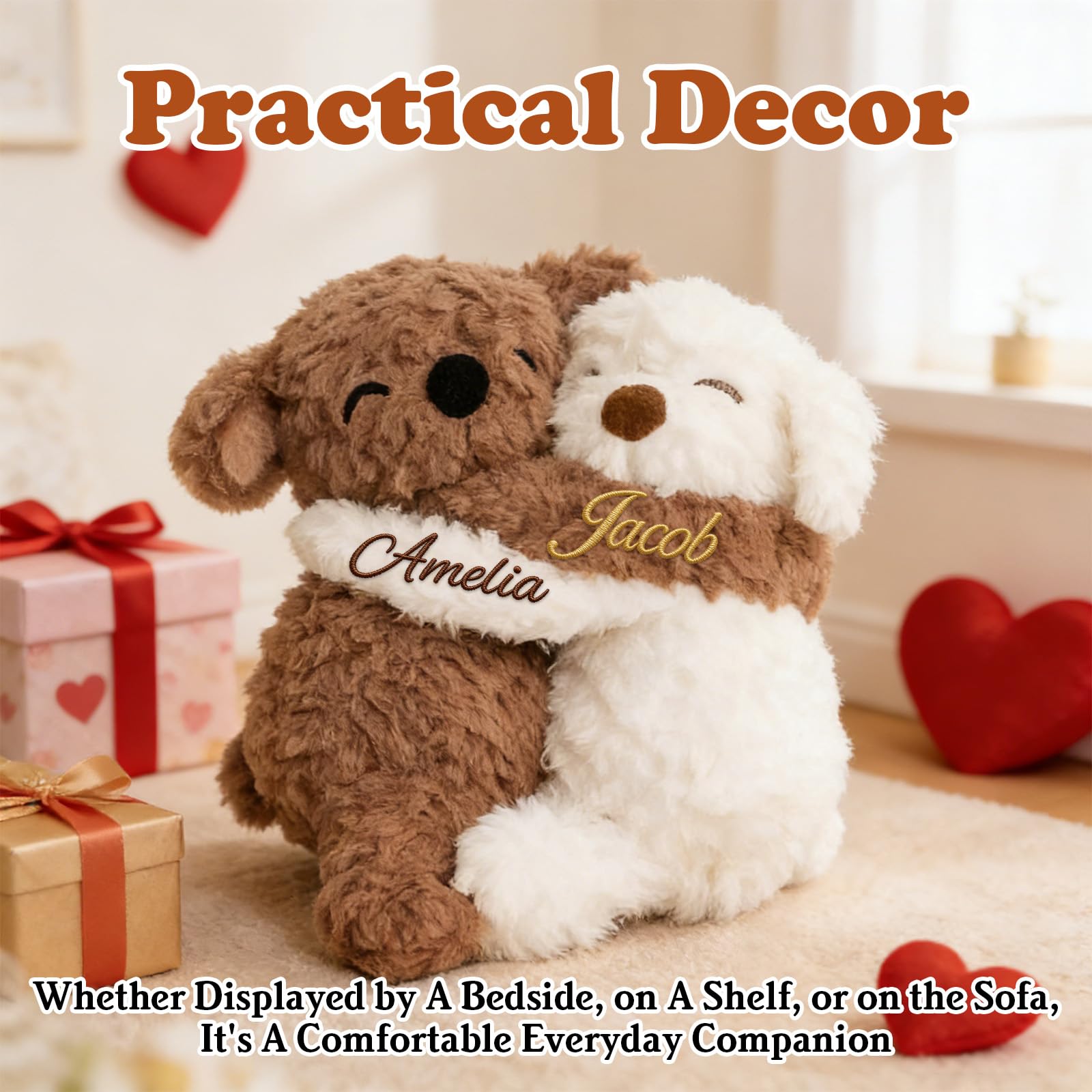 Personalized Hugging Teddy Bears, 2 Stuffed Bear or Puppy Plush Toy, Custom Embroidered Name, Romantic Gift for Couples, Room Home Decor, Birthday Anniversary Wedding Valentine's Day Gifts — view 5