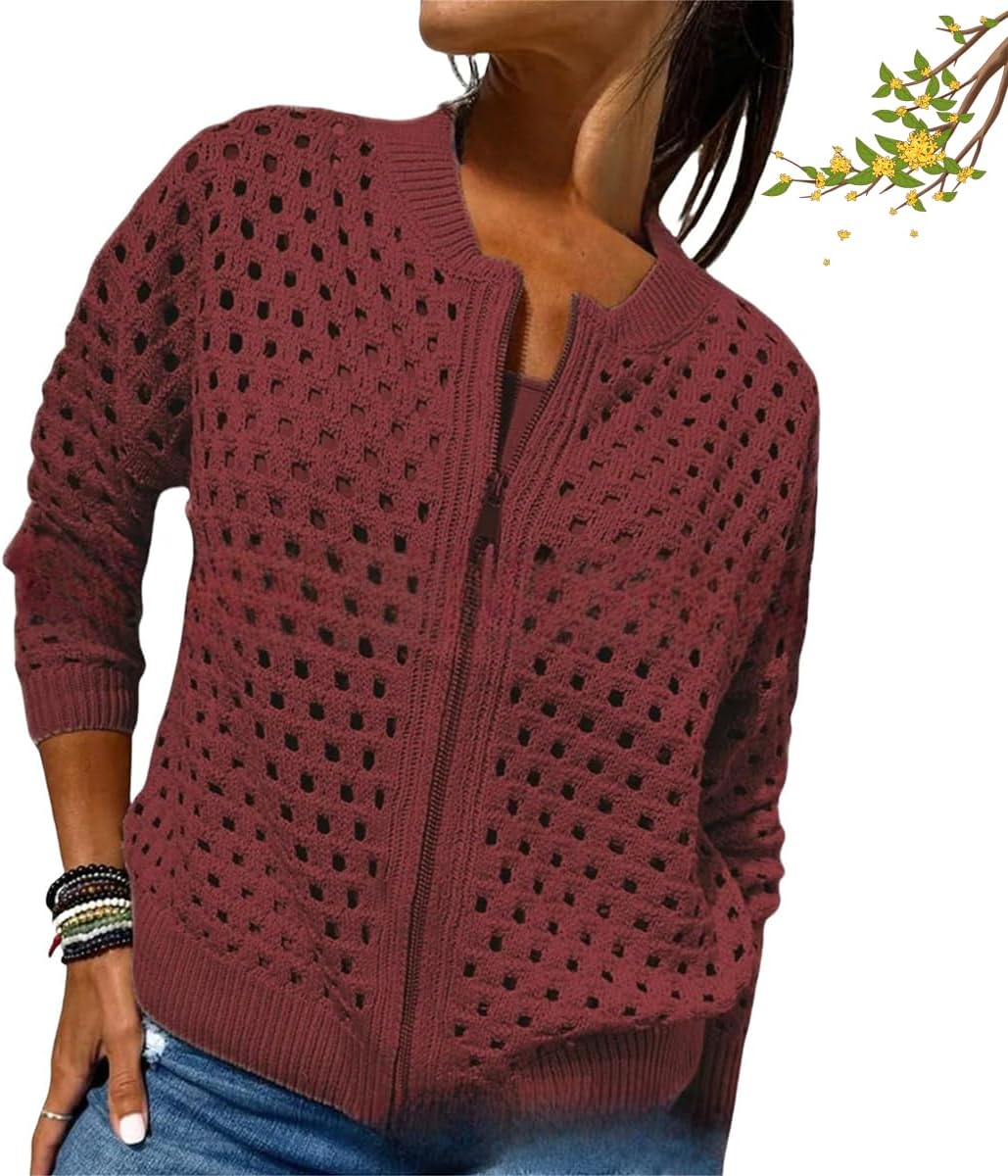 Womens Zip Up Crochet Cardigan Sweater, Women's Casual