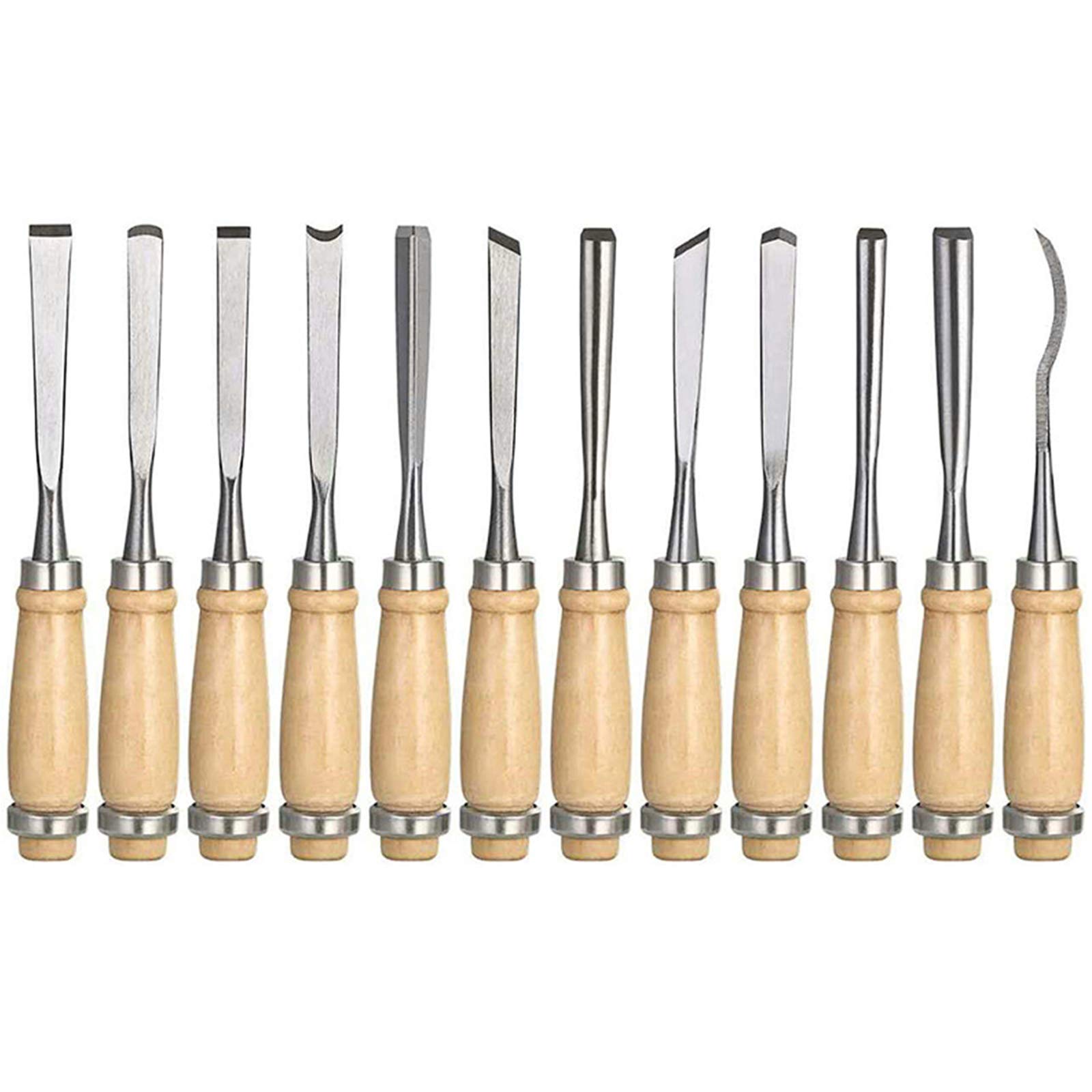 Juego de cinceles para Madera, gubias Profesionales para carpintería, Herramienta de cincel Manual con Mangos de Madera y Bolsa de Almacenamiento, Juego de 12 Piezas