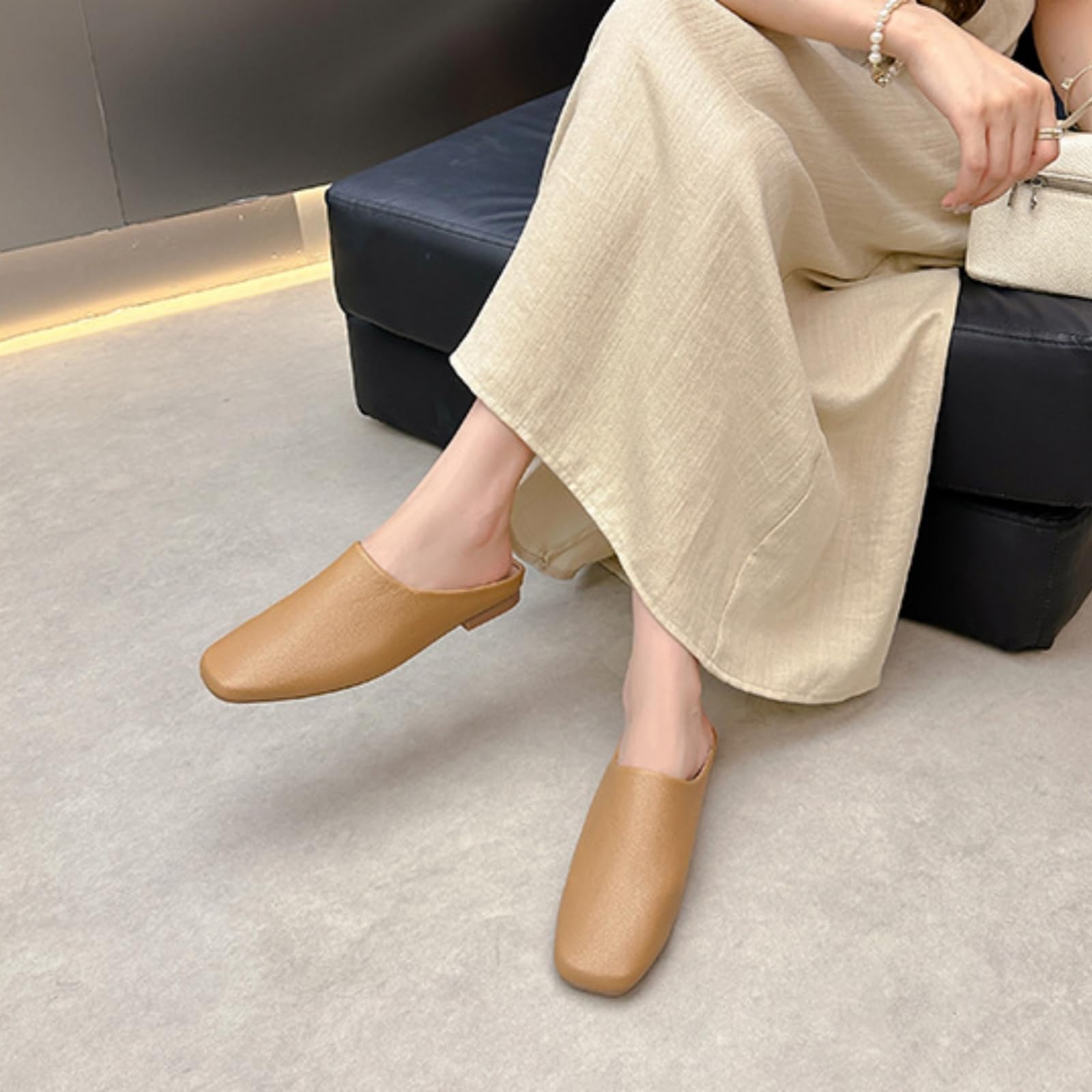 Zoccoli Sanitari Donna Scivole da Mulo Piatto Minimalista delle Donne, Morbido Scivolo Quadrato in Pelle Falsa sulle Ciabatte, Suola Gomma Resistente-brown-37