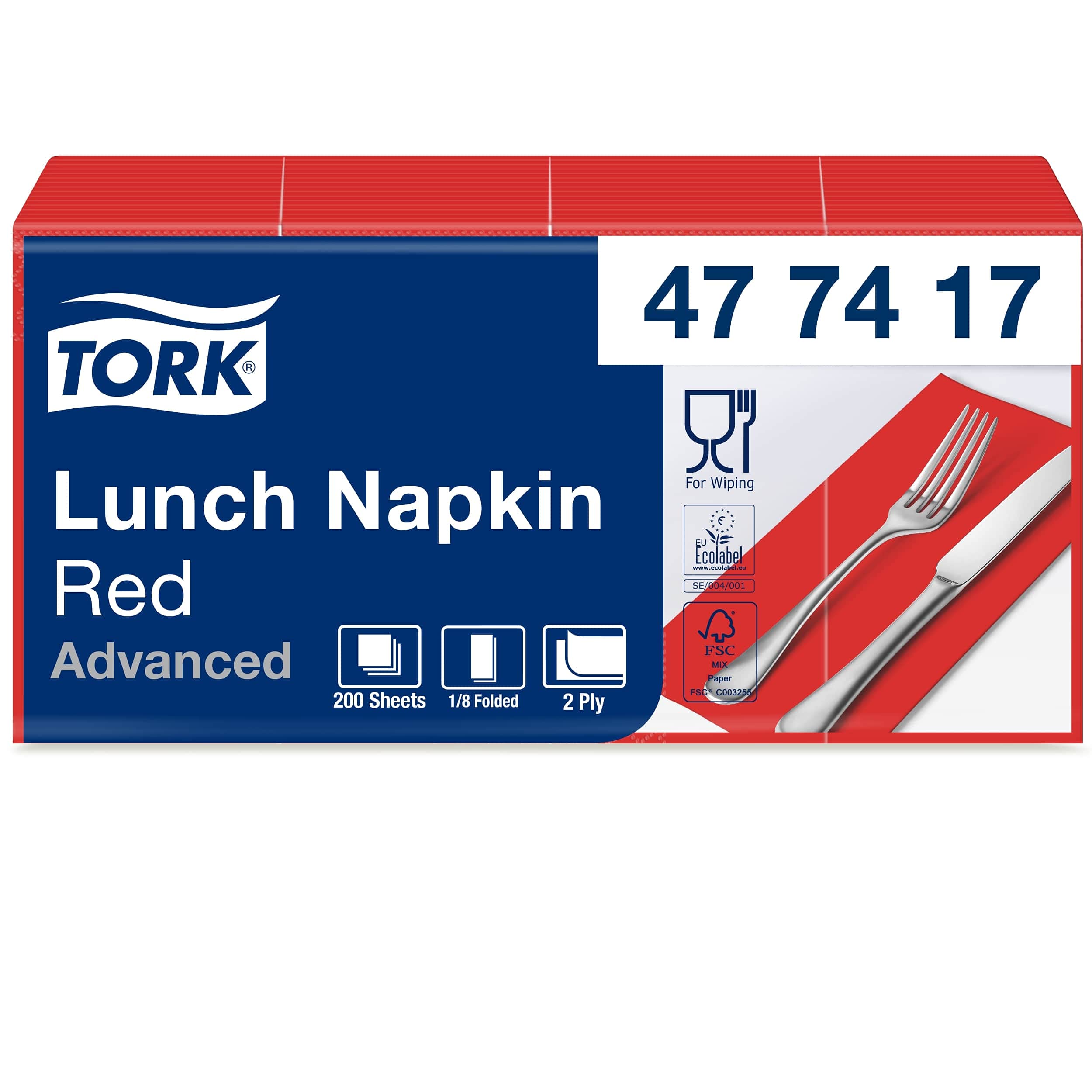 Tork 477417 Serwetki obiadowe czerwone 1na8 składane na 2-warstwowe, wstępnie złożone serwetki papierowe na przekąski lub małe potrawy ma optymalną jakość
