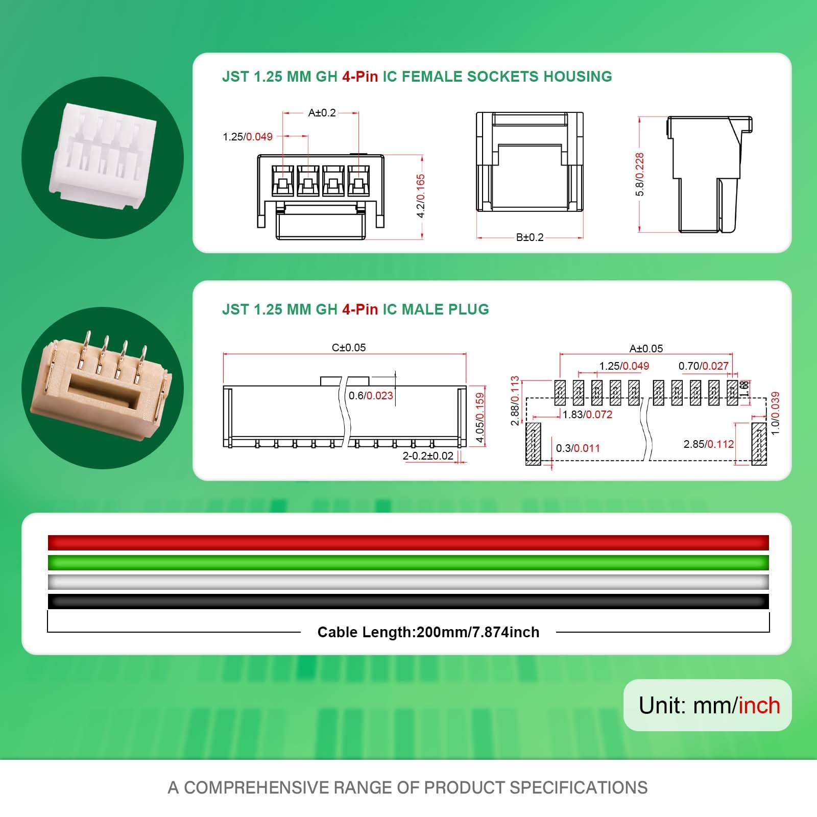 10 set/40 pezzi Mini Micro JST-GH-SMD-VHR 1,25 mm 4 pin 30 AWG Kit Cavo in Silicone, Connettore Femmina con Filo 20cm e Spina Maschio IC, per Strisce luminose a LED, Giocattoli RC, Batterie