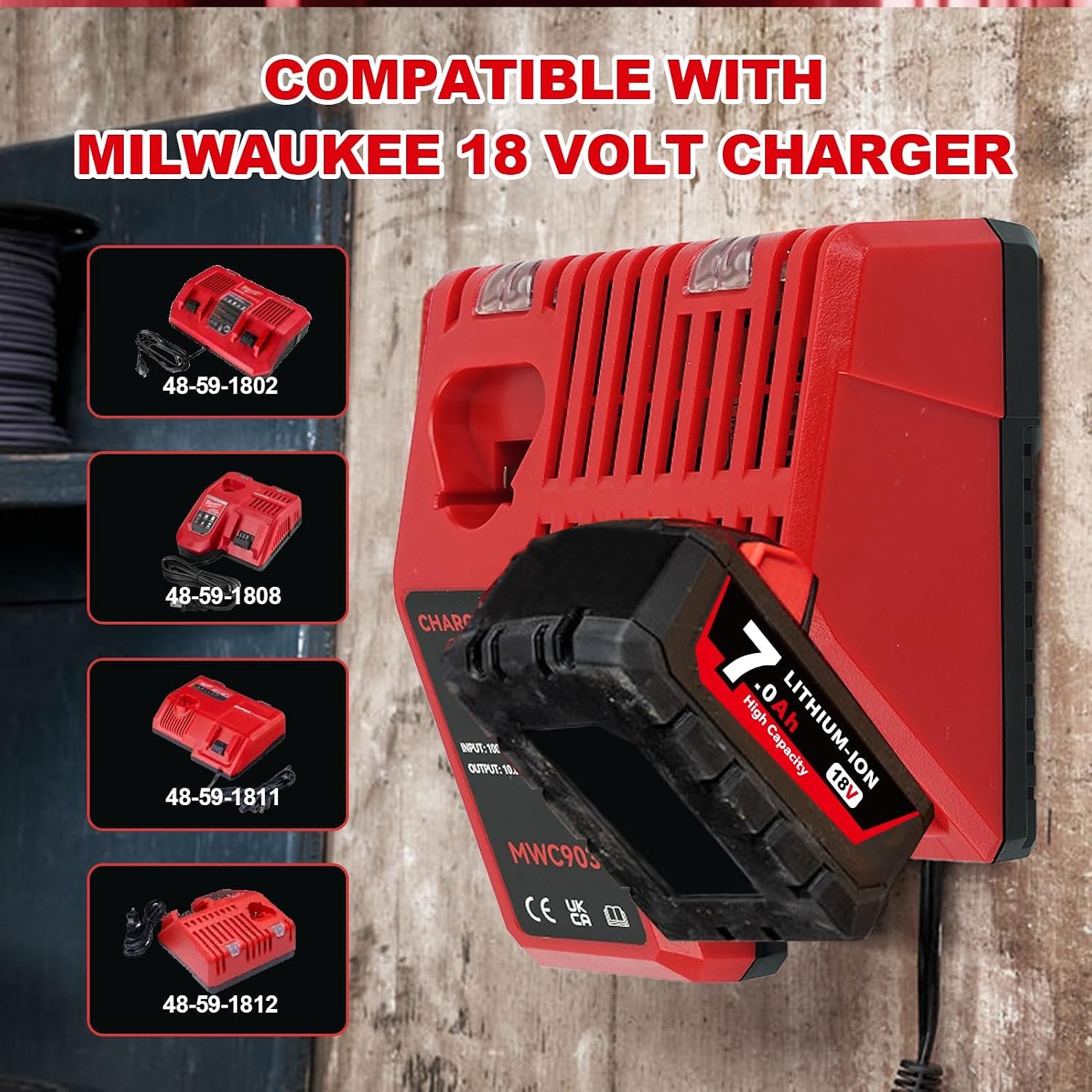 2Pack 7000mAh Replacement for Milwaukee 18V Battery and 12-18C Charger Combo Fast Charging Compatible with Milwaukee Lithium Ion Battery 48-11-1860 48-11-1850 48-11-1820 48-11-1840 48-11-1828
