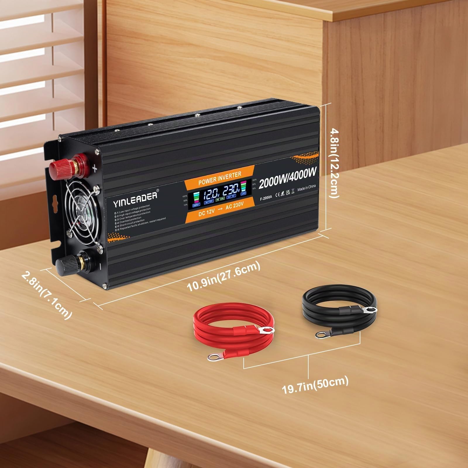 Yinleader Invertitore 12 V 230 V 2000 W con display LCD DC 12 V a 230 V AC potenza di picco inverter con 2 prese UE e porta USB per auto, campeggio, camion/4000 W