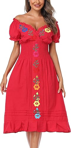 Miniatura 3 de YZXDORWJ Vestido casual bordado mexicano para mujer, cuello en V, mangas cortas
