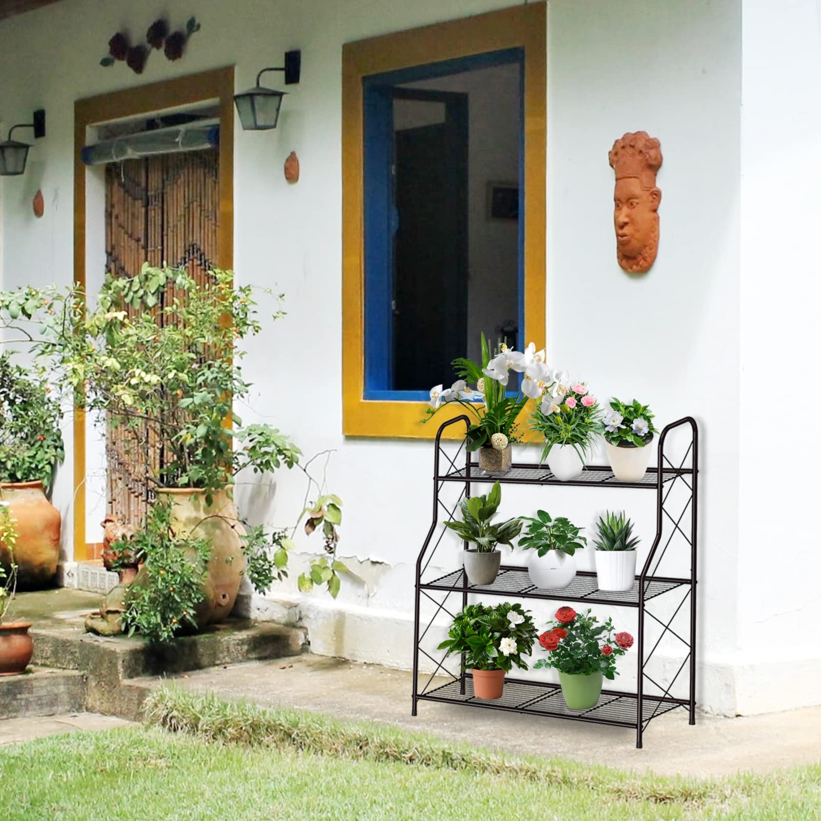 Mutool Support en métal à 3 niveaux pour plantes d'intérieur et d'extérieur, étagère d'angle pour plantes de jardin, balcon et terrasse, bronze
