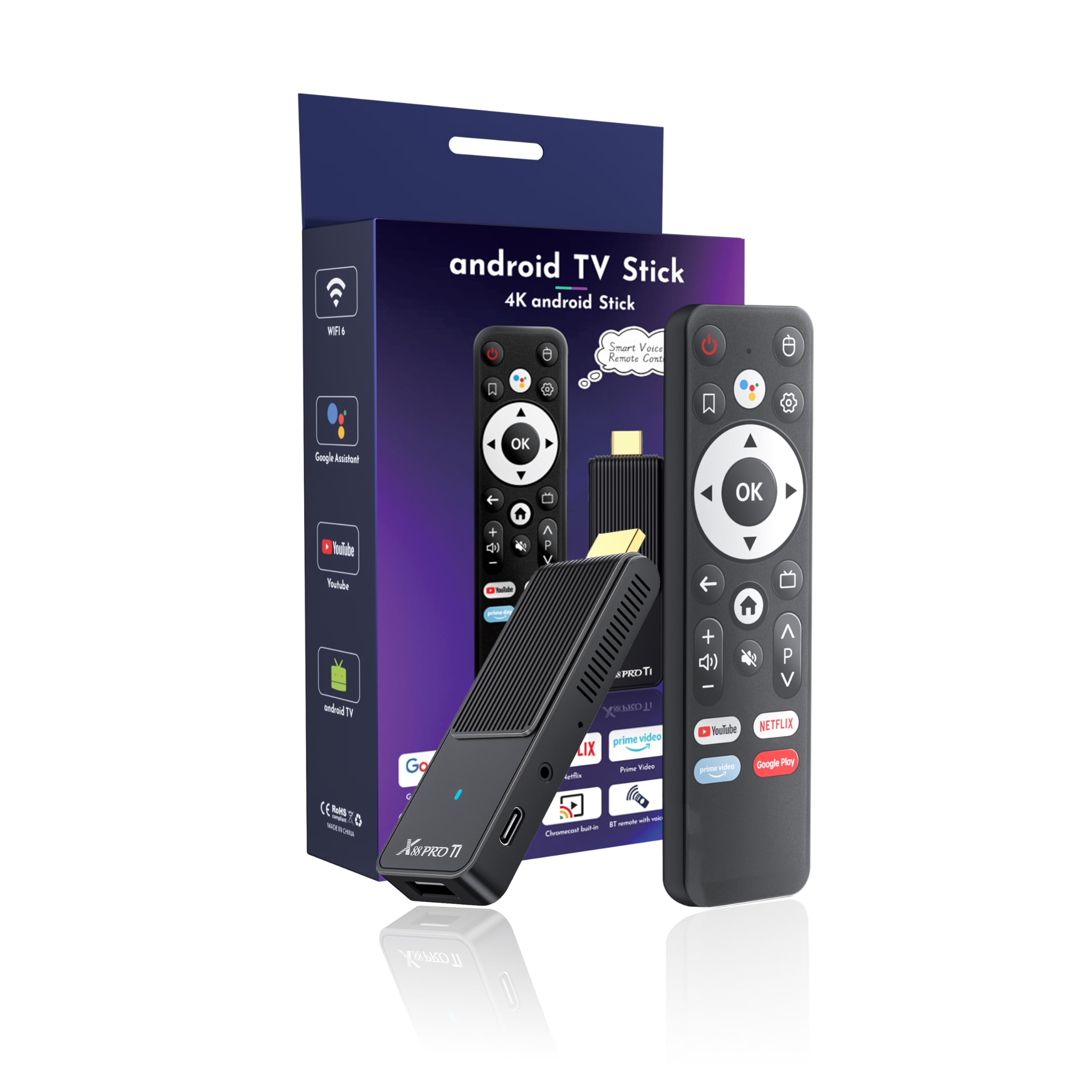 TV Stick Android 14.0 2026 4K Ultra HD TV-Stick 2 GB RAM 16 GB ROM RK3518 CPU Unterstützt 2,4/5GHz WiFi 6 BT 5.0 3D HDR10 Smart TV Box Streaming Media Player mit Assistant Sprachfernbedienung