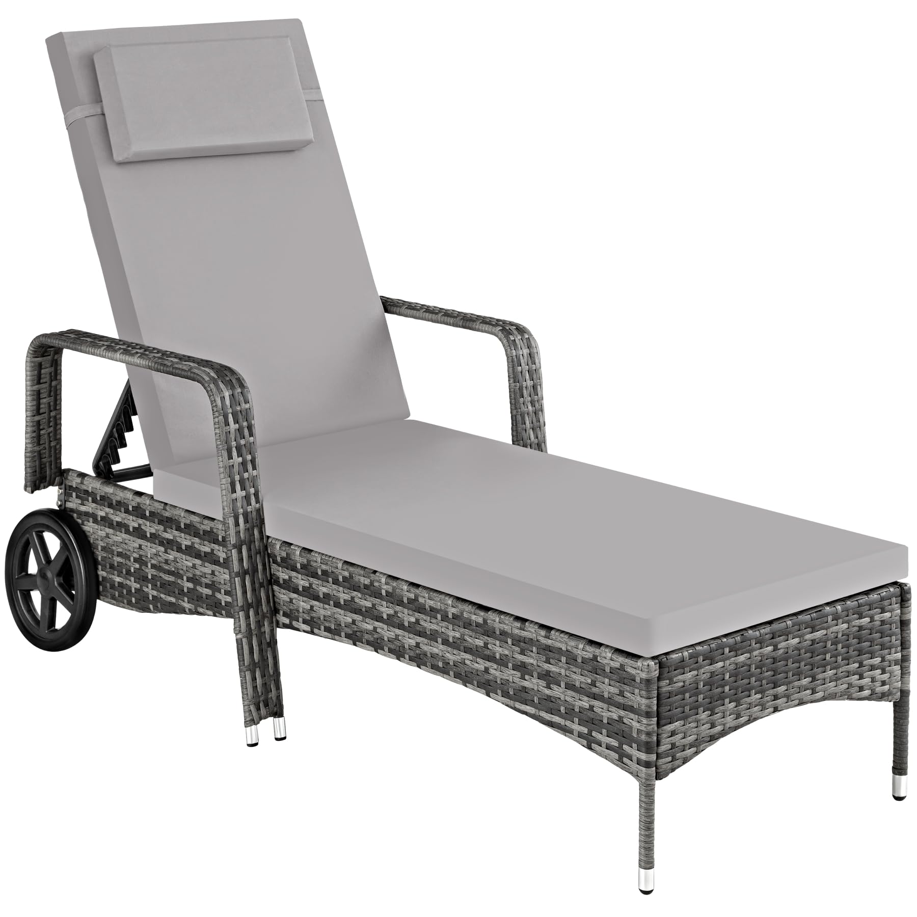 TecTake®, Tumbona Chaise Longue, Ajustable de Poliratán con Ruedas, Mueble Exterior Sofa Acolchado para Jardín y Terraza, 6 Posiciones, Fácil de Limpiar, Moderno, Hamaca de Jardín - Claro/Blanco