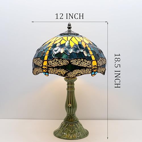 Miniatura 8 de Tiffany Lamp Stained Glass Table Lamps Yellow Dragonfly Style Desk Lamp 12X12X18.5 Inch Bronze Ceramic Base Reading Light Suitable for Bedside