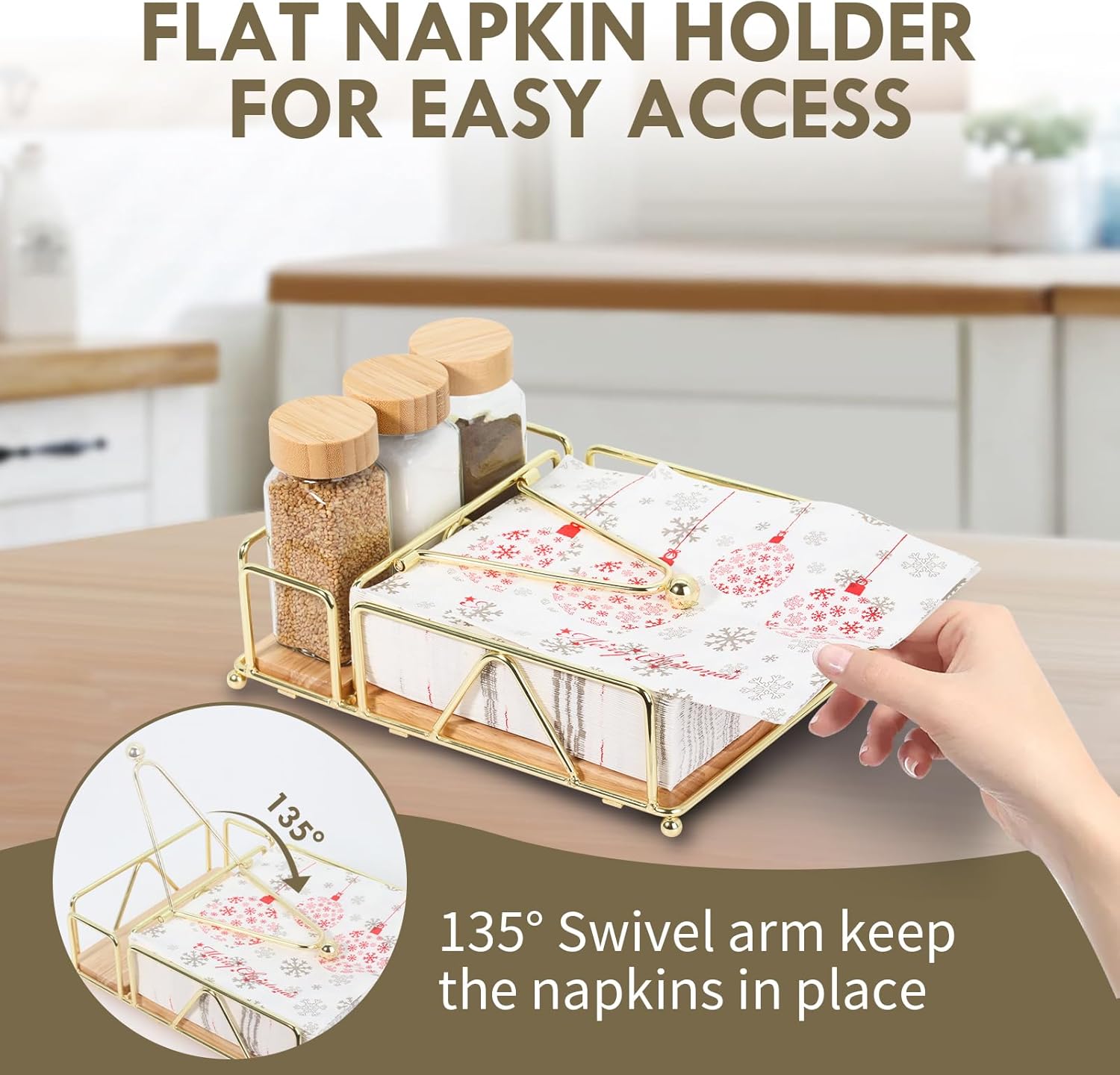 4 Piece Set Metal Napkin Holder with Salt and Pepper Shakers,Wooden Base,Modern Flat Gold Napkin Holder for Table,for Kitchen Table Decor,Cocktail,Bathroom,Party(Gold)