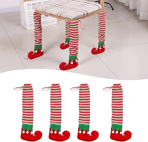 4 fundas navideñas para patas de silla, divertidas fundas de calcetines para patas de mesa de elfo, fundas de calcetines para sillas de comedor,