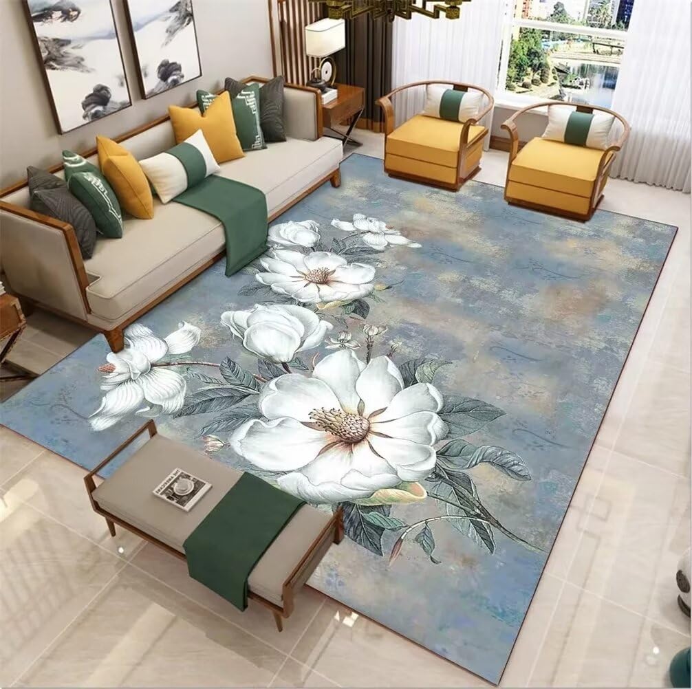 Tapis de salon lavable blanc motif floral 100x160cm pour en finir avec les taches incrustées