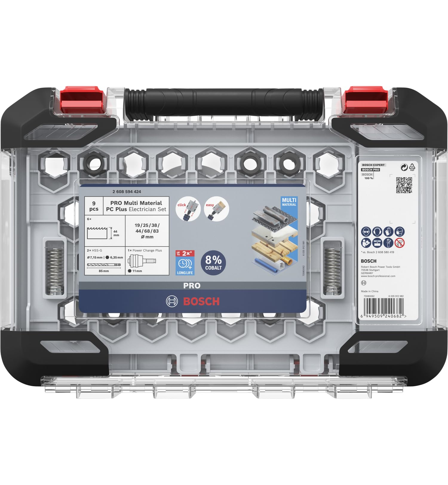 Bosch 9x PRO Multi Material Power Change Plus Hole Saw Set - Transparent Case (for Softwood, Drywall, Ø 19, 25, 38, 44, 68, 83 mm, Professional Accessory Rotary Drill/Drivers)