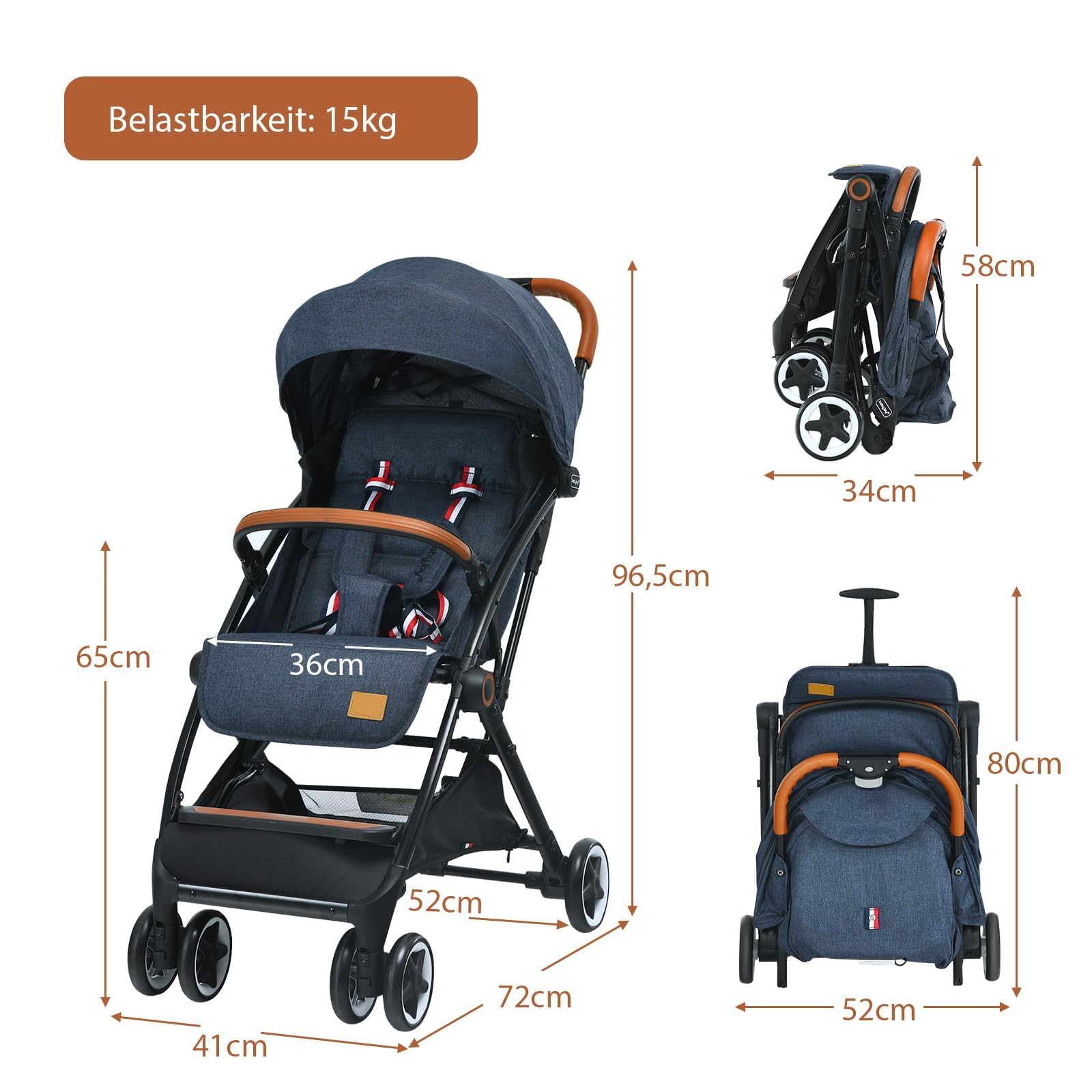FANTASK Poussette pliable, ceinture de sécurité 5 points avec fonction allongée, capote et dossier réglable, poussette pour bébé jusqu'à 3 ans, charge maximale : 15 kg (bleu)