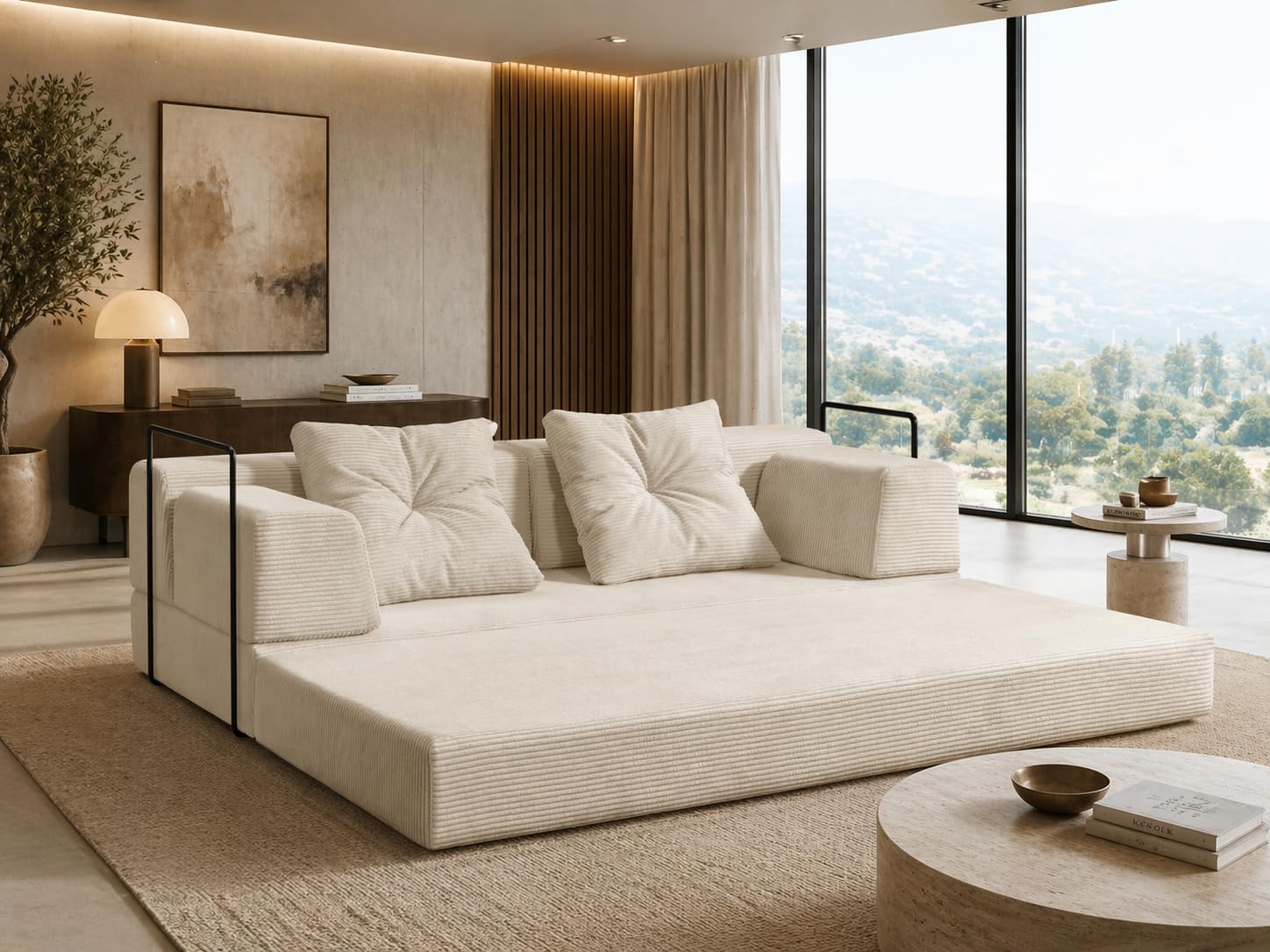 SIMPUR Oasis Sofá Cama 3 Plazas XXL de Pana Premium Beige, Convertible en Cama 180x190 cm, Estructura Metálica Resistente, Funda Lavable, Base Antideslizante, Sin Montaje, Fabricado en España