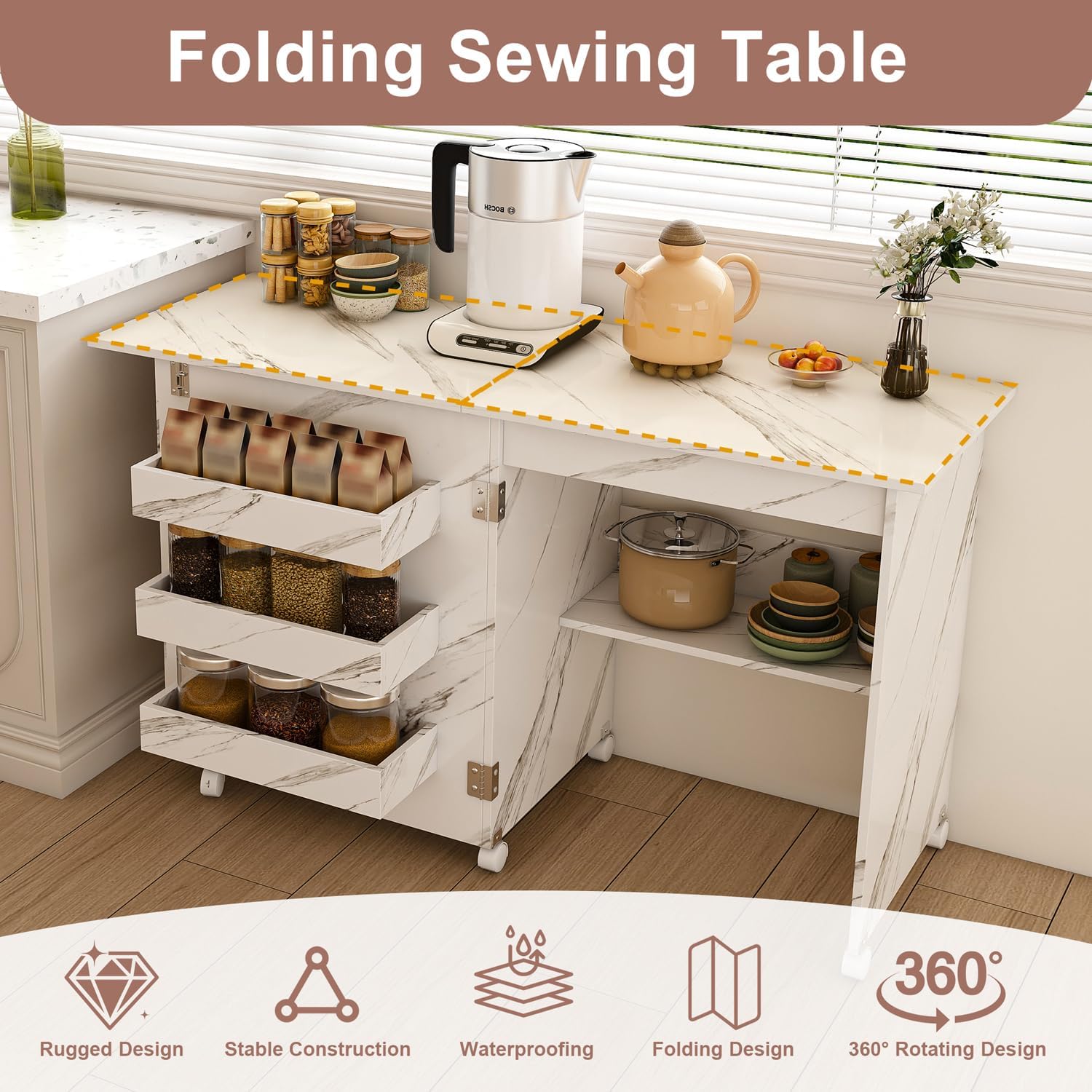 Folding Sewing Machine Table, Multi-Sewing Table with Storage Trays, Shelves, Foldable Sewing Machine Cabinet Craft Table with Lockable Wheels for Small Spaces (45 Inch)