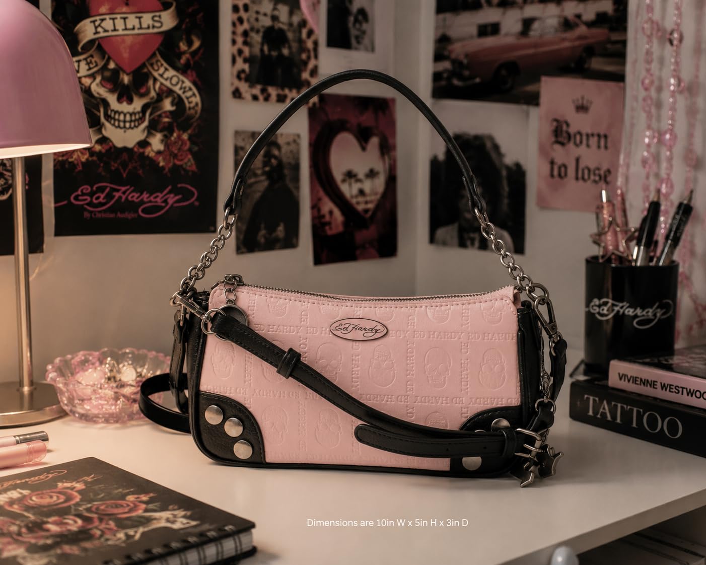 ED HARDY Borsa a tracolla con teschio goffrato, mini borsetta effetto pelle con tracolla a catena e ciondolo, borsa compatta