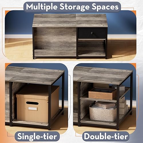 Miniatura 7 de SINPAID Mesa de centro con almacenamiento, mesas de centro rectangulares para sala de estar, mesa de centro de granja con compartimento de Gris